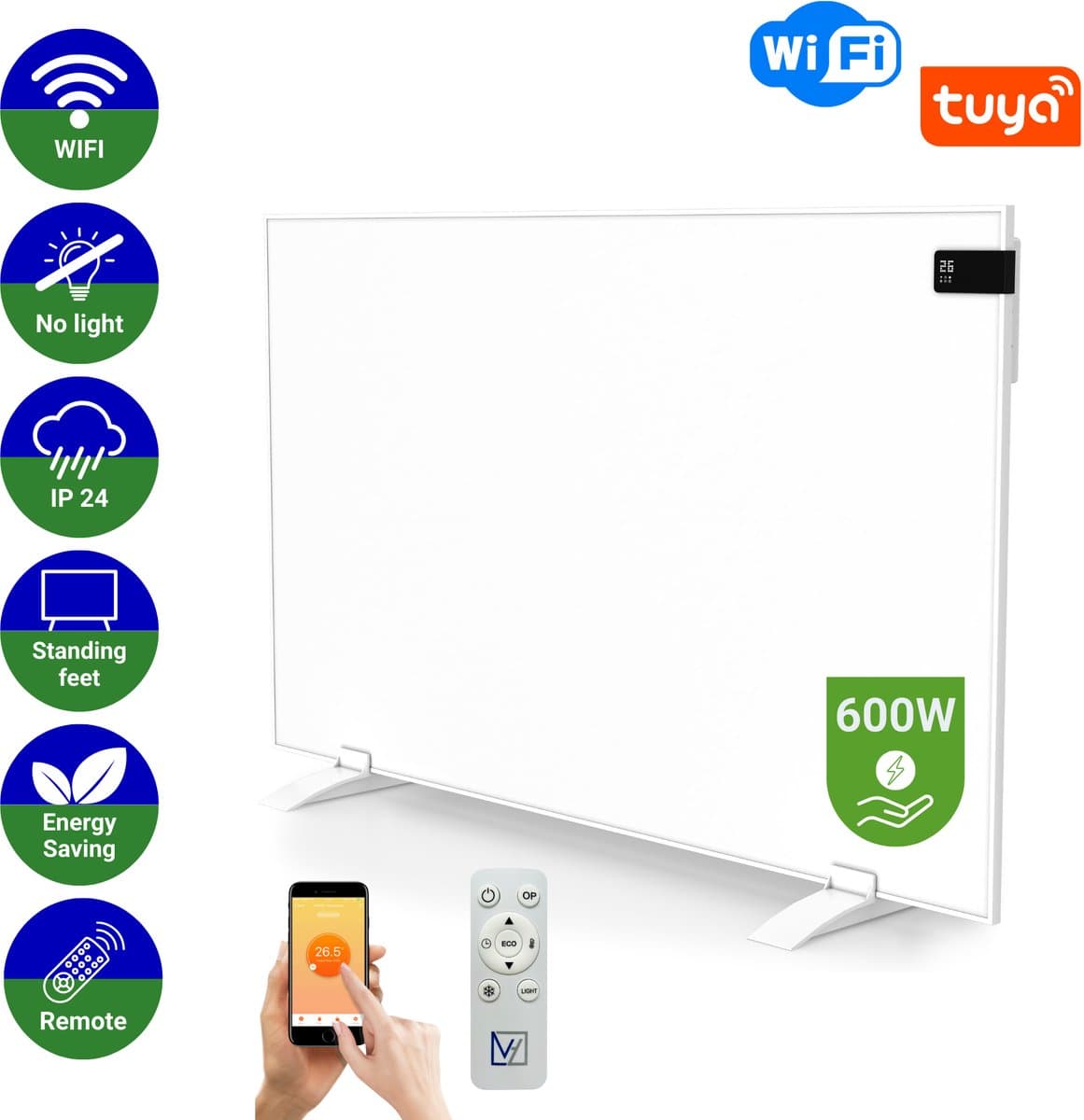 VH Infrarood paneel Superia - 60 x 100cm - 600W - Geintegreerde thermostaat - Wifi functie - Afstandsbediening - Wandmontage & Vrijstaand - Ideaal voor bijverwarming - Verplaatsbaar