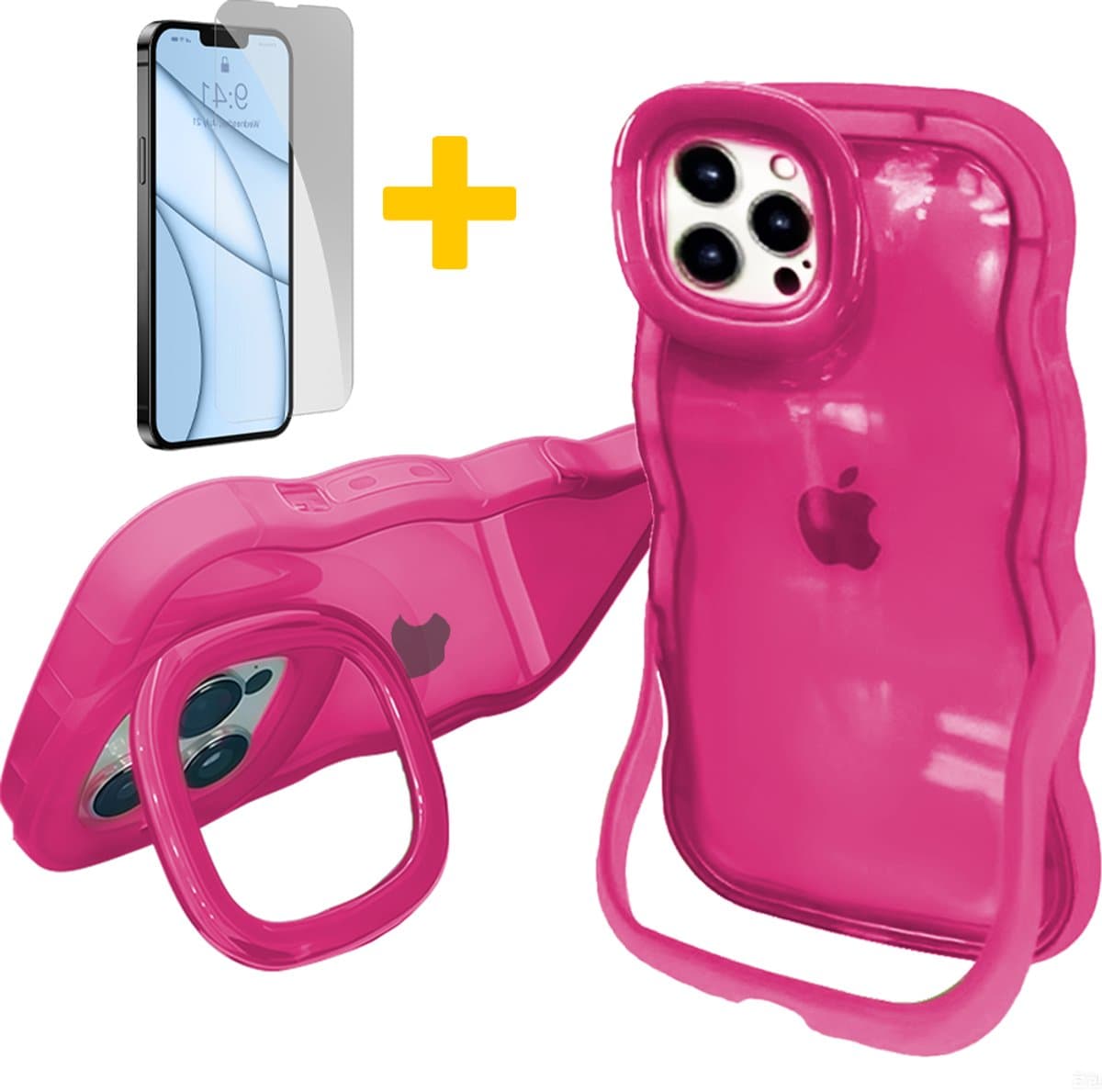 Hoesje voor iPhone 15 Pro Max, Dubbele Standaards Case, Wavy TPU Hose met Golfrand, Schattige Schokbestendige Hose voor Vrouwen-Transparant Design, Rood - Screenprotector