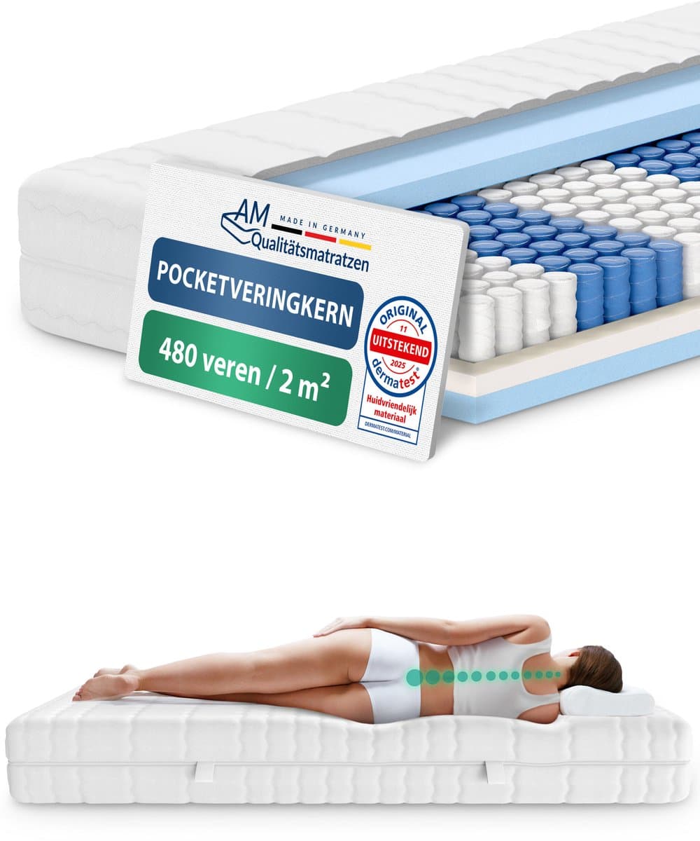 AM Qualitätsmatratzen - Ergonomisch 7-Zone Pocketveringmatras 150x210 cm - Zacht (H2) - 20cm - Matras met 7 ergonomisch ligzones - OEKO-TEX - 7-zone matras 150 x 210 cm - 480 veren