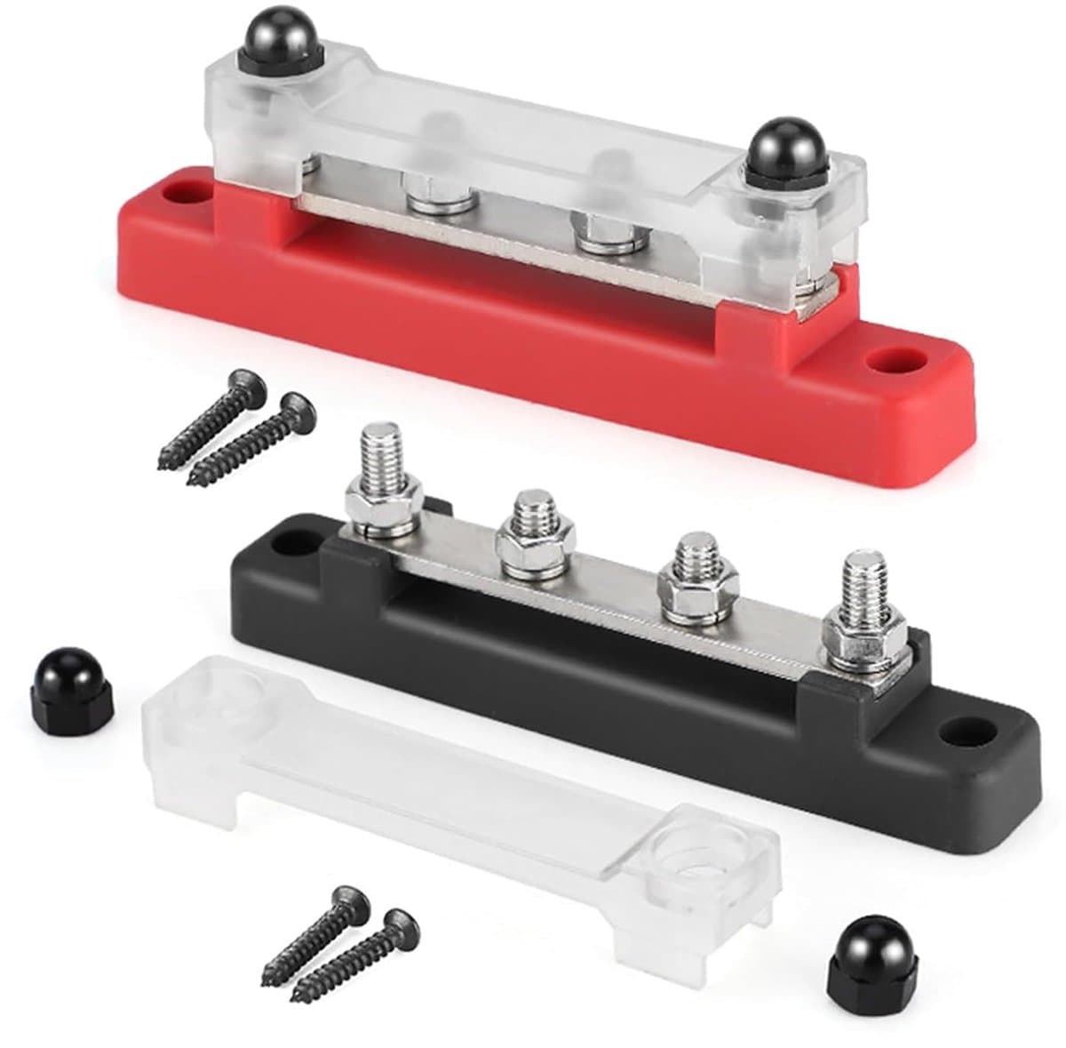 2-delige stroomverdeelbus 12V–48V DC-150A — Uitgerust met 4 M6-aansluitingen — Geschikt voor auto's, vrachtwagens en boten (rood/zwart)