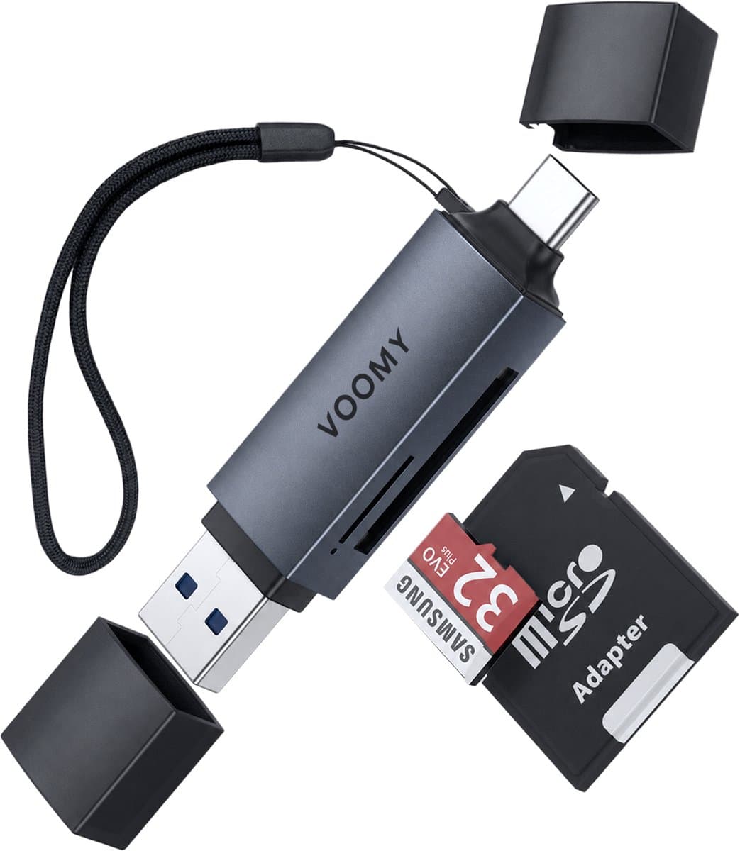 Voomy 4-in-1 Mini USB Kaartlezer - Ondersteund SD & MicroSD - 5 Gbps gegevensoverdrachtssnelheid - Universeel - Geschikt voor Telefoon, Laptop en Tablet - Space Grey