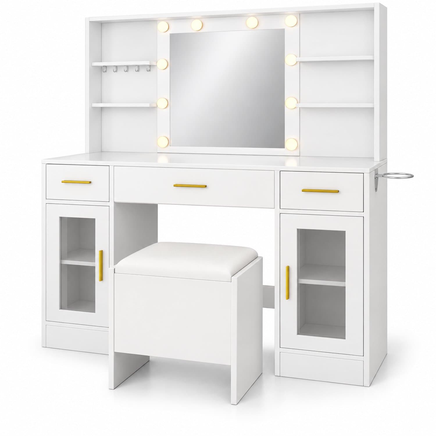 Luxevo Kaptafel met Spiegel LED-Verlichting – Make-up Tafel met 8 Laden – Ingebouwd Stopcontact & USB – Met Föhn-Houder – 113 x 40 x 140 cm – Wit