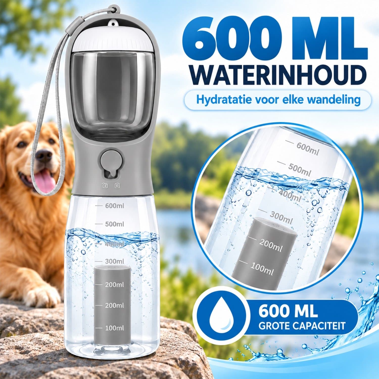 3-in-1 Drinkfles Hond & Kat – 600ML Waterfles met Voerbak en Poepzak Dispenser – Lekvrije Huisdieren Drinkfles – Reisfles voor Hond – Wandelen, Reizen & Outdoor – Draagbaar & BPA-vrij - AVERNO PETS