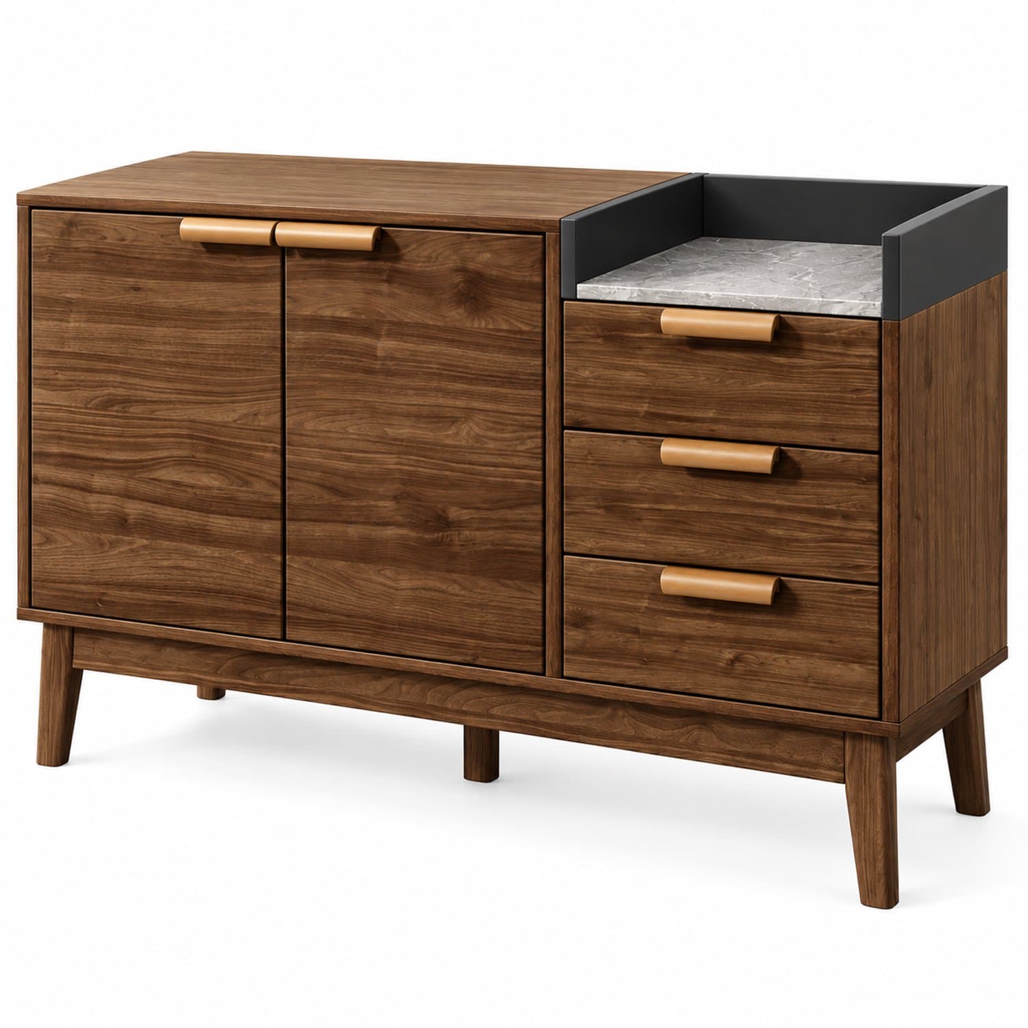 Luxevo Dressoir – Opbergkast Eiken met Marmerlook Blad – 120 cm – 3 Laden & 2 Deuren – Verstelbare Planken – Massief Houten Poten – Mid-Century Sideboard