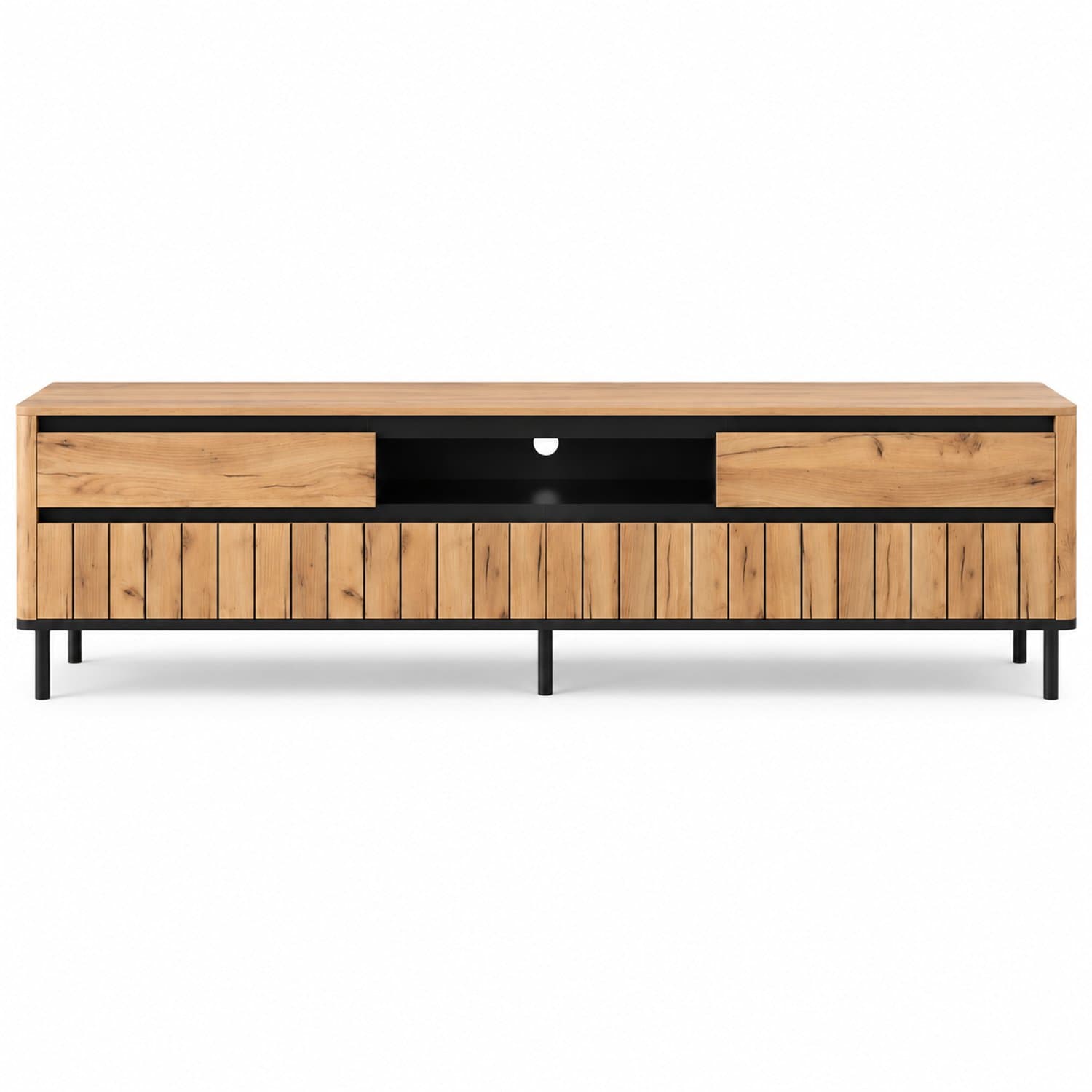 Luxevo TV Meubel 180 cm – Met 2 Lades & 2 Klapdeuren – Hout & Zwart Metaal – Eiken Look