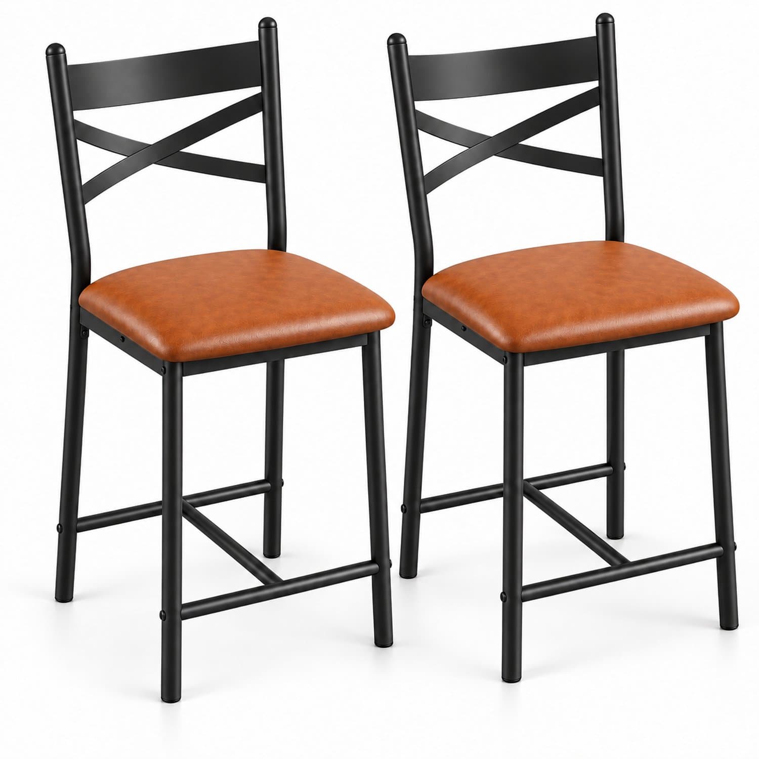 Luxevo Barstoelen Set van 2 - Zithoogte 66 cm - PU Leren Zitting - Met Rugleuning en Voetsteun - Metalen Frame - Bruin
