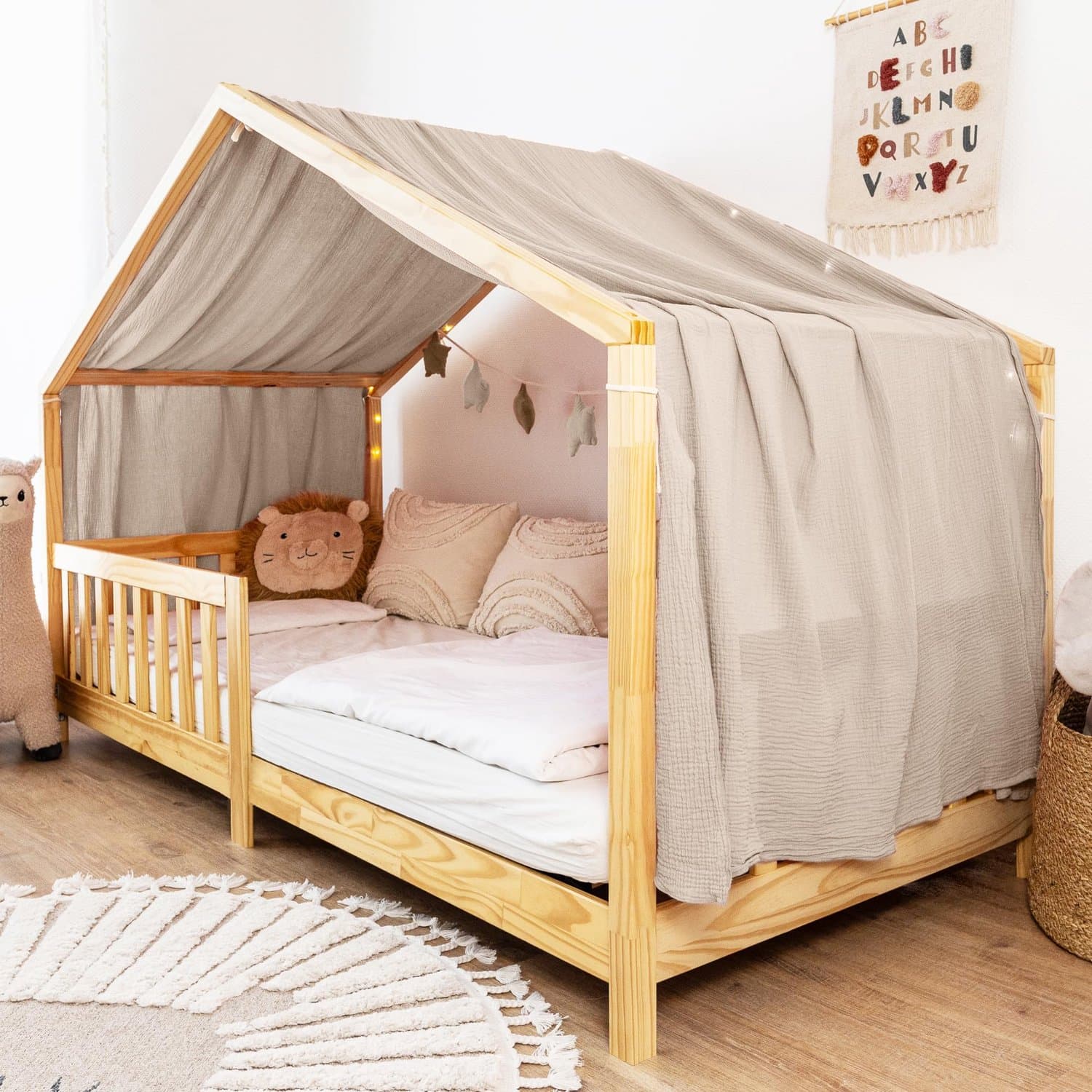 LILIMAUS Huisbed hemeltje uit één stuk - bedhemel voor huisbed - 135 x 420 cm - mousseline katoen - lichtbeige