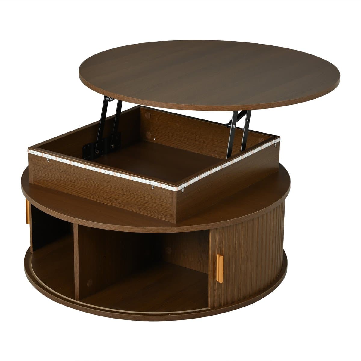 Ronde salontafel walnoot - In hoogte verstelbare salontafel - Met LED verlichting en opbergruimte - 75 cm - Woonkamer