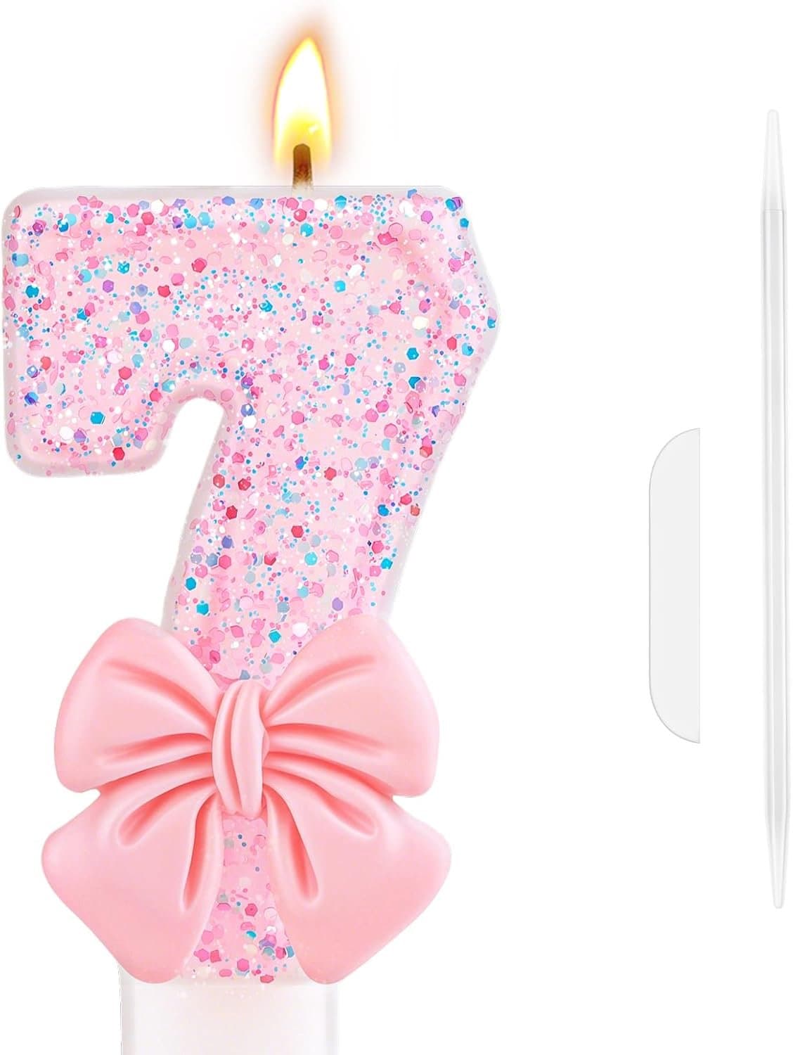 Verjaardagskaars 7 - Glitter 7 Nummer Kaars - Roze Strik - Feestelijke Taartdecoratie - ShopVlot