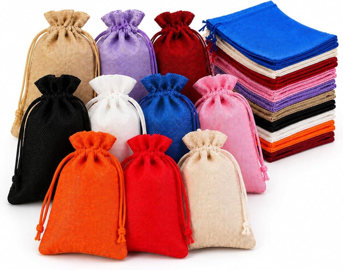 30 stoffen zakjes, cadeauzakjes, 10 kleuren, met trekkoord, 10 x 14 cm