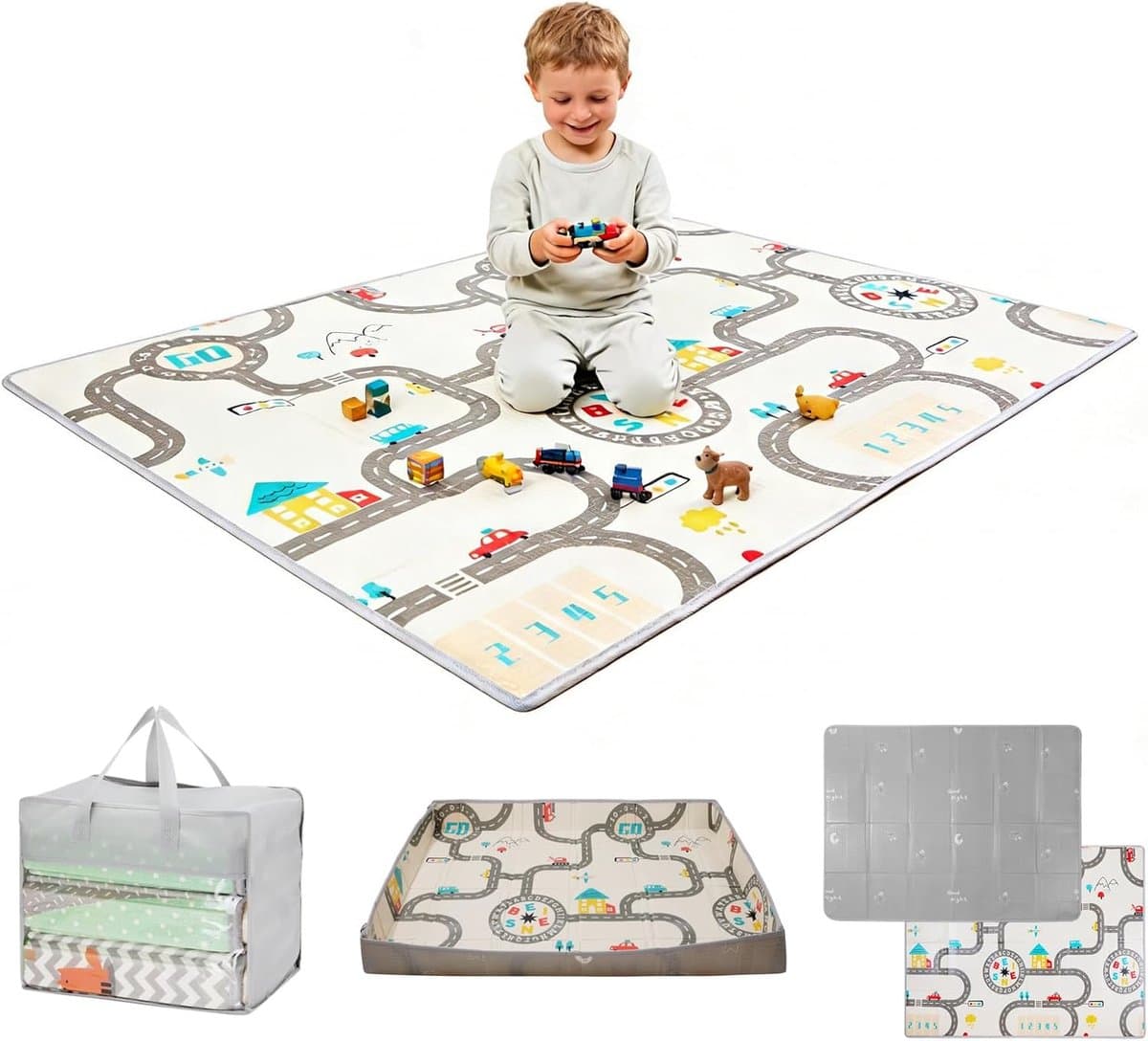 Kruipmat verticaal 180 x 150 cm, extra grote dubbelzijdige gewatteerde opvouwbare antislip draagbare vloermat voor kinderen woonkamer mat baby spelen gym pasgeboren cadeau, rail