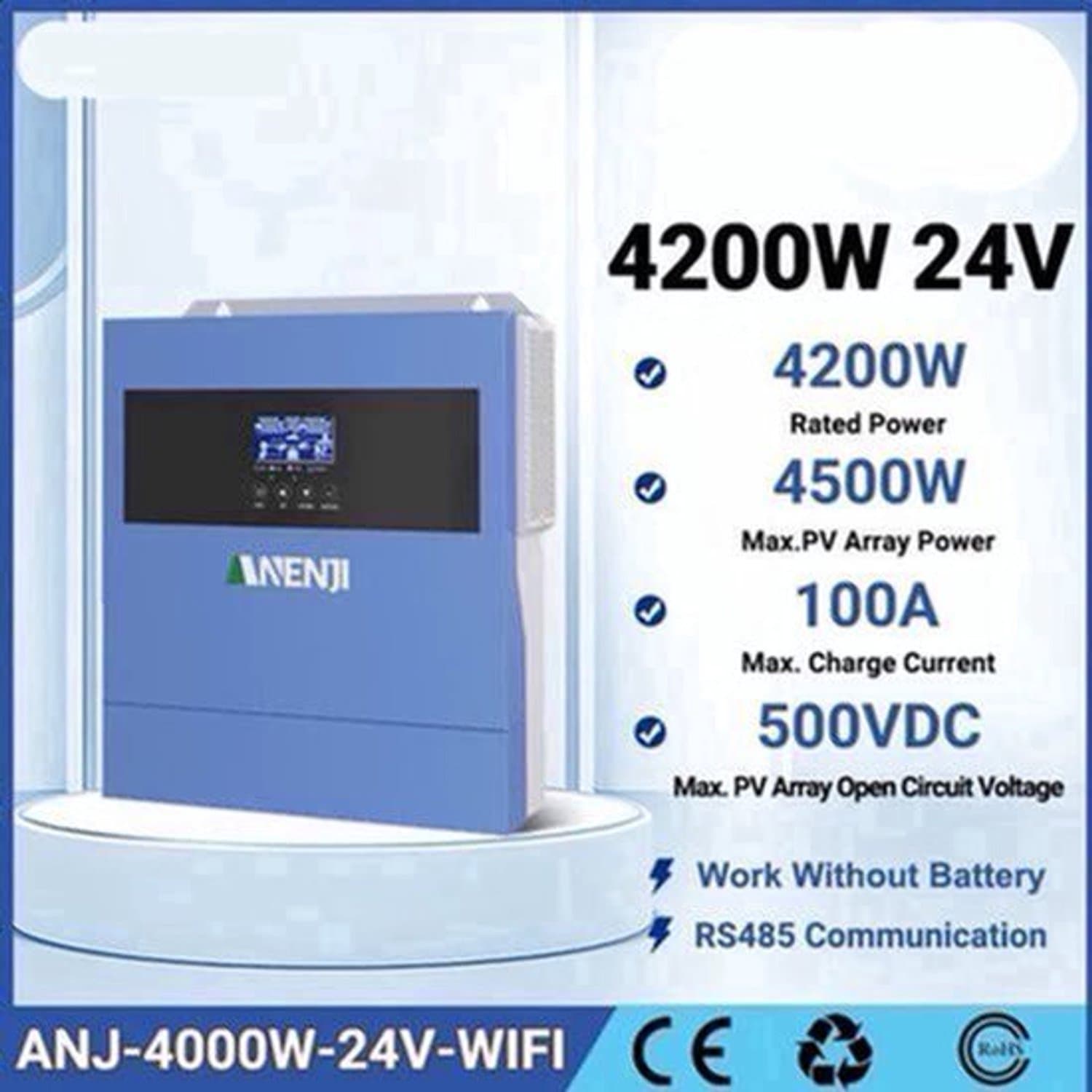 Hybride Solar Omvormer – Zonne-omvormer – Netgekoppelde Omvormer – Off-grid Omvormer – Power Inverter – 4,2 kW – Ingebouwde MPPT en WiFi Monitoring