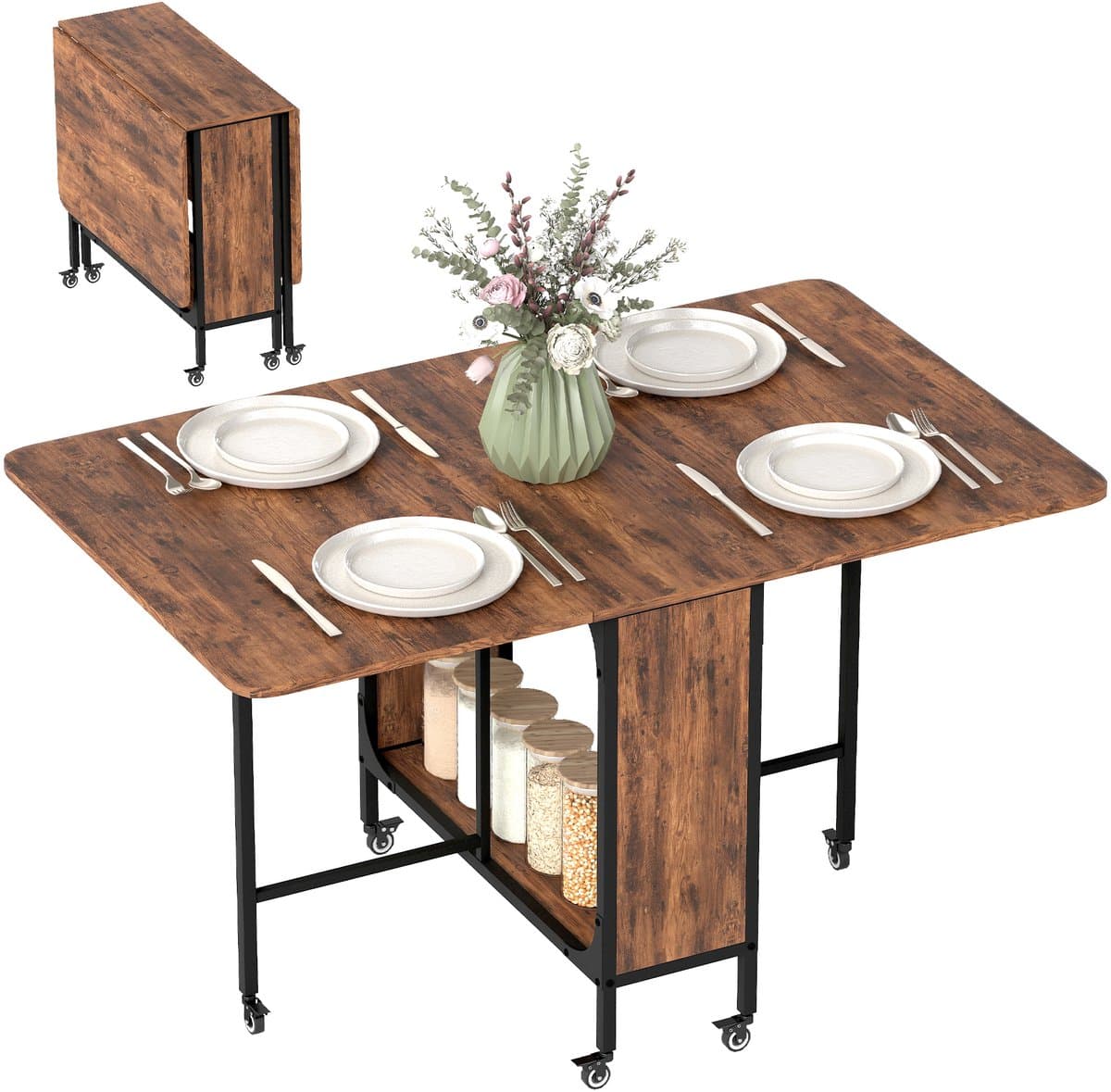 Opklapbare eettafel - Rechthoekige keukentafel - Uitschuifbaar - Met wieltjes - Geschikt voor maximaal 6 personen - Voorzien van 6 wieltjes en een ingebouwde plank