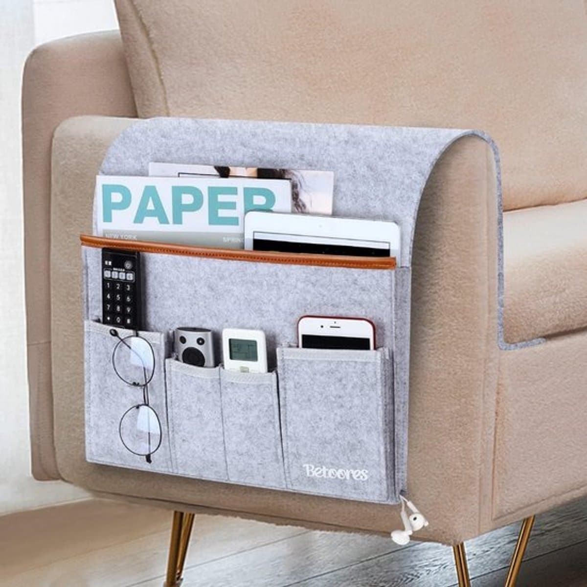 Bank Organizer - Organizer voor op de bank, voor boeken, tijdschriften, mobiele telefoon, afstandsbediening, boek, potlood, tablet, bril, lichtgrijs