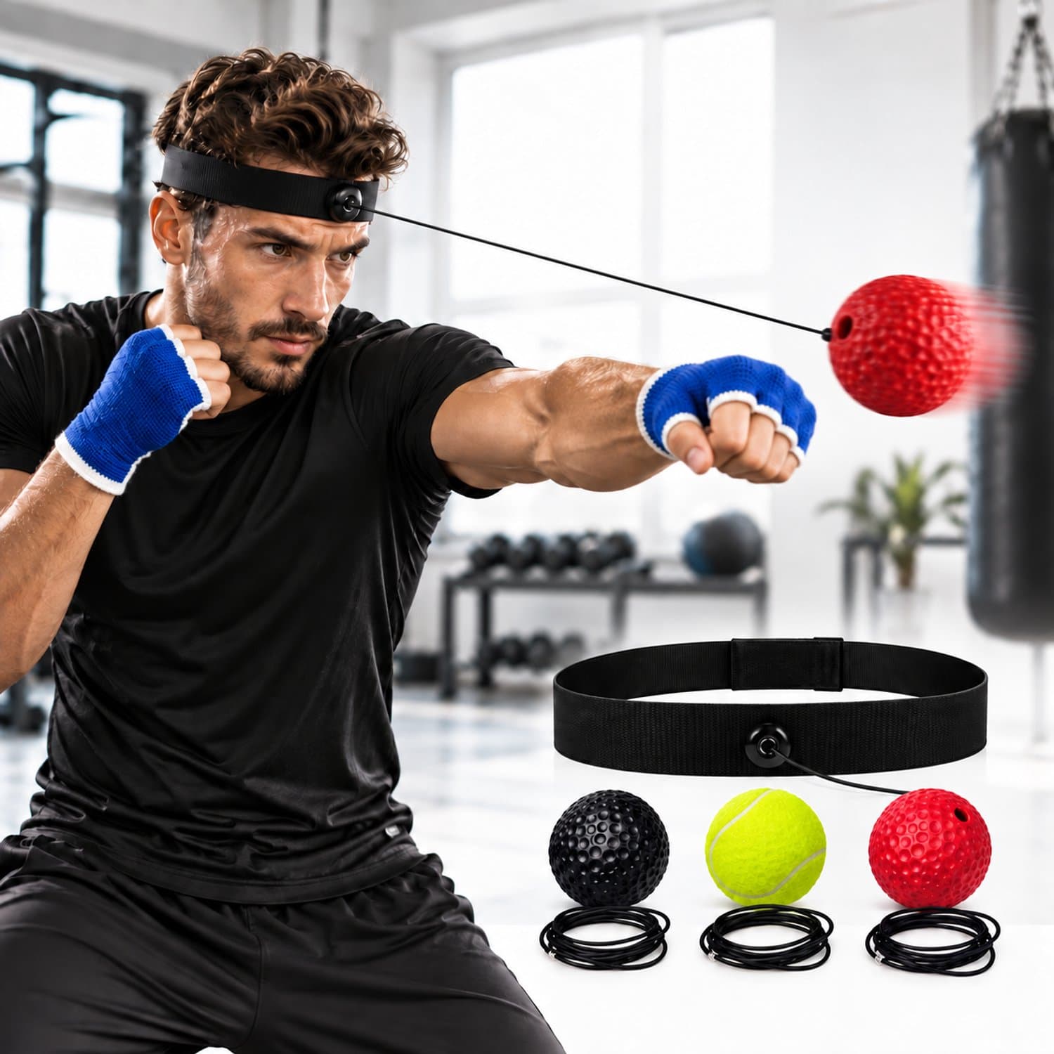 OUYLAF boksbal kinderen met hoofdband - reflex ball - 3 moeilijkheidsgraden - Inclusief handschoenen - Hoofd Reflexbal - Box training - Boks reactiebal - Reflex - Geschikt voor volwassenen en kinderen, bevordert oog-handcoördinatie