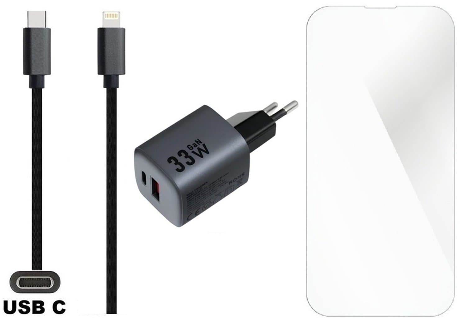 33W super snellader met 2 poorten en screenprotector + 1,2m sterke USB C naar Lightning kabel. GaN lader. PD PPS oplader adapter. Glazen screenprotector past op Apple iPhone 14 Pro