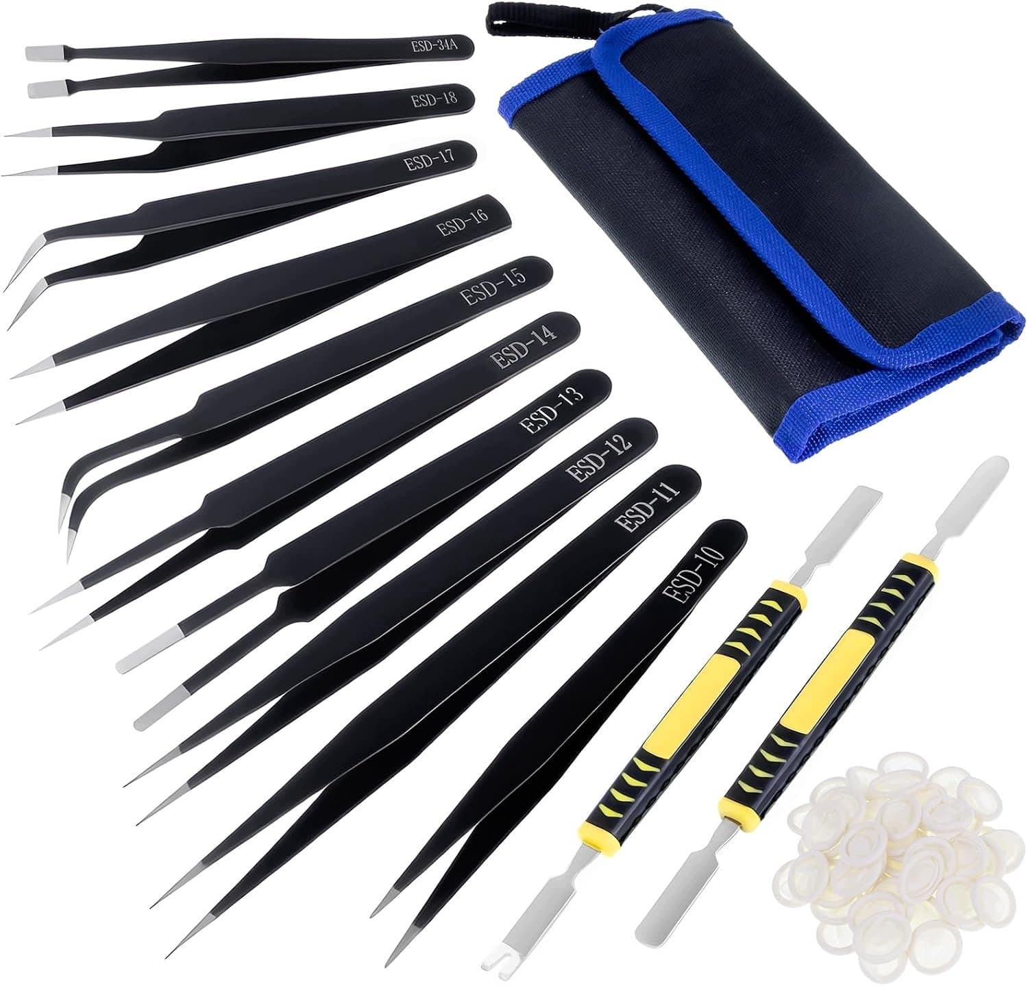 Set van 12 Antistatische ESD Pincetten - Roestvrij Staal, Precisie 0.1mm