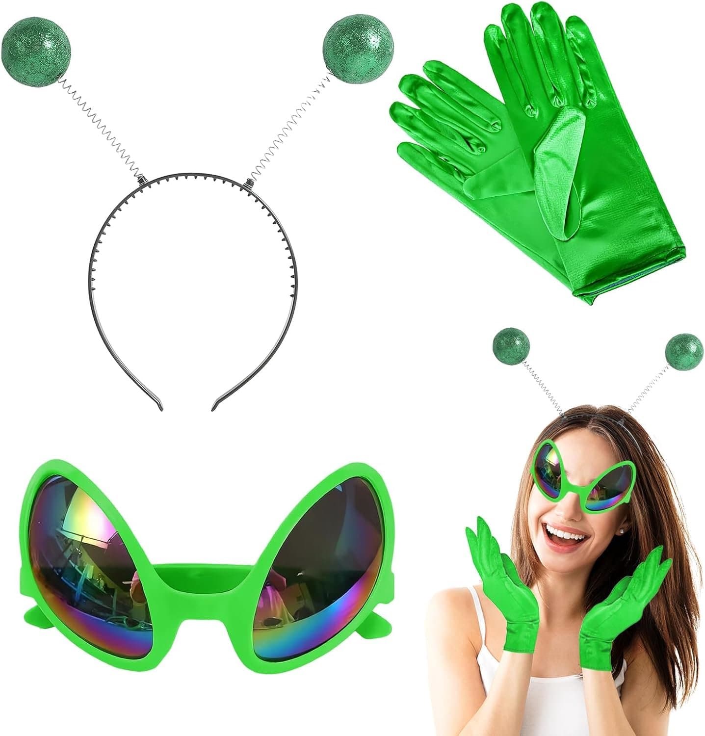 Thijox - Alien Kostuum 3 Stuks - Groene Hoofdband met Antenne en Regenbooglens Zonnebril - Perfect voor Halloween, Carnaval, Feestjes en Fotoshoots -