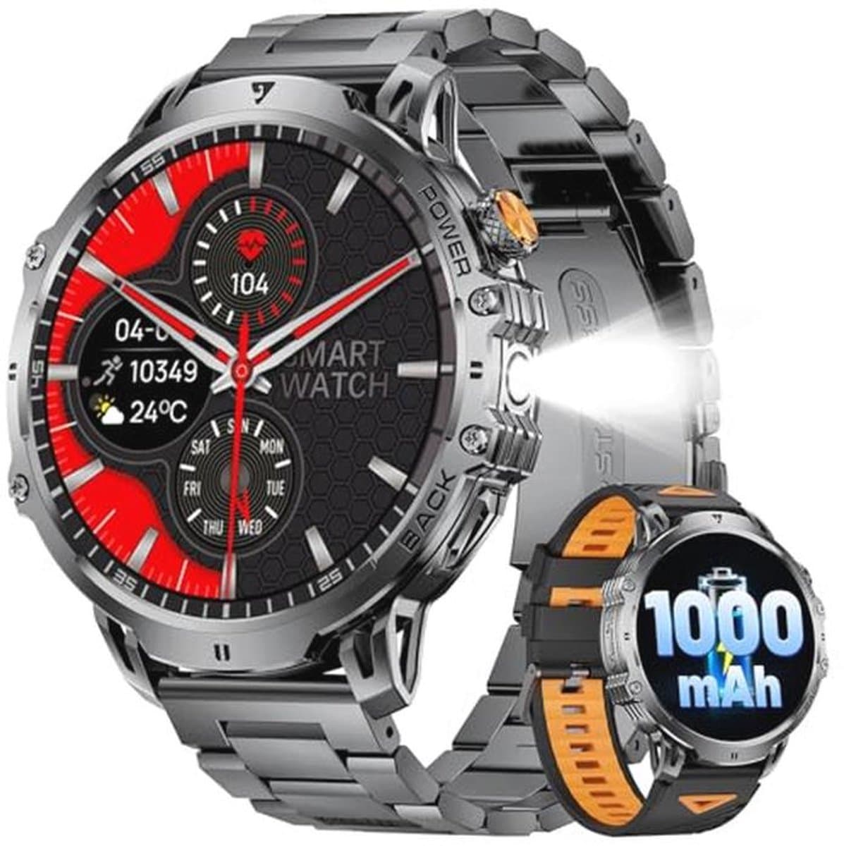 Militaire smartwatch heren met 1,85 inch AMOLED touchscreen, 110+ sportmodi, hart- en slaaptracking, 1000 mAh batterij