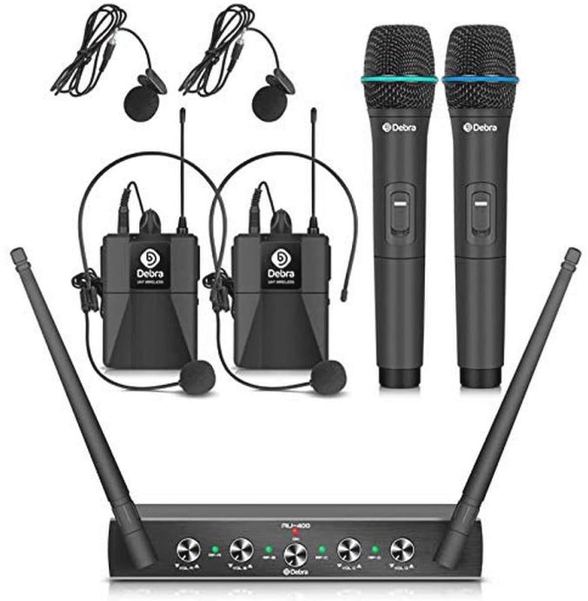 Draadloos 4-Kanaals Microfoonset met Handheld, Lavalier en Headset voor Karaoke en Ceremonies