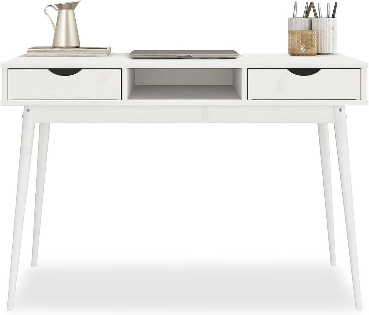 Bureau met 2 Laden en Compartiment - Massief Houten Bureautafel in Wit