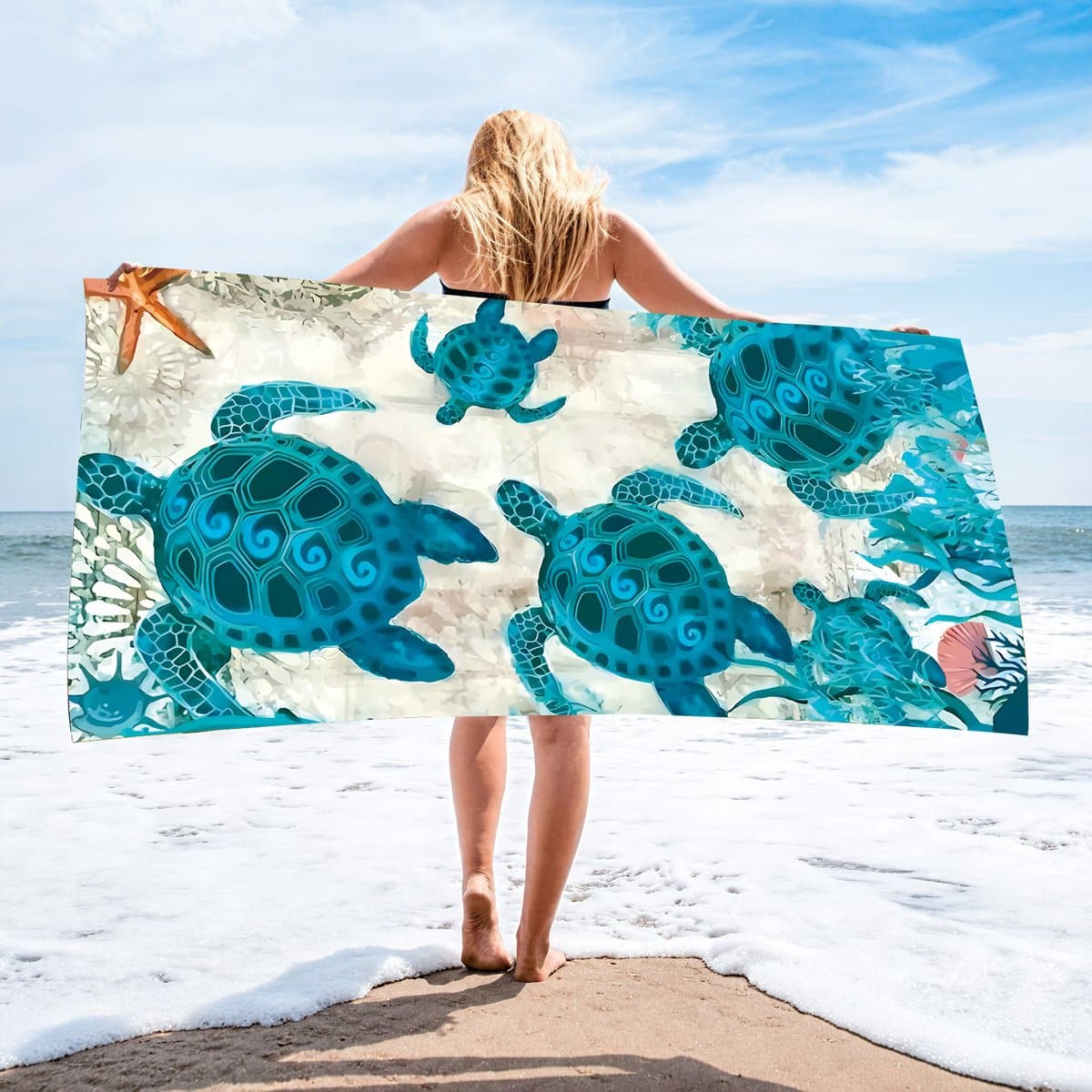 Een extra grote dameshanddoek met schildpadmotief - een extra lange handdoek voor tropisch zwembad, versierd met een schildpadpatroon, sneldrogend, lichtgewicht en zeer absorberend.