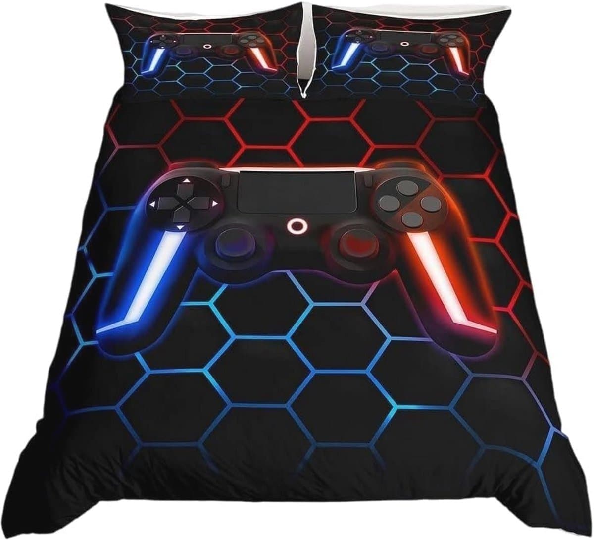 Gaming dekbedovertrek eenpersoons voor tieners met controller en geometrisch patroon