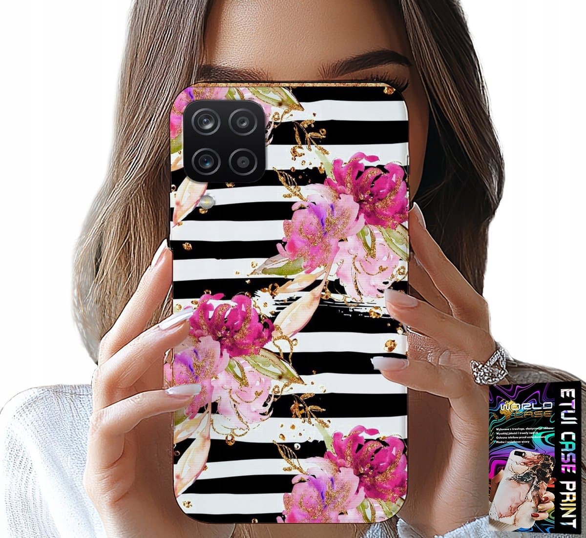 HOESJE VOOR SAMSUNG A12 / M12 - BLOEMENPATROON ZWART-WIT GESTREEPT