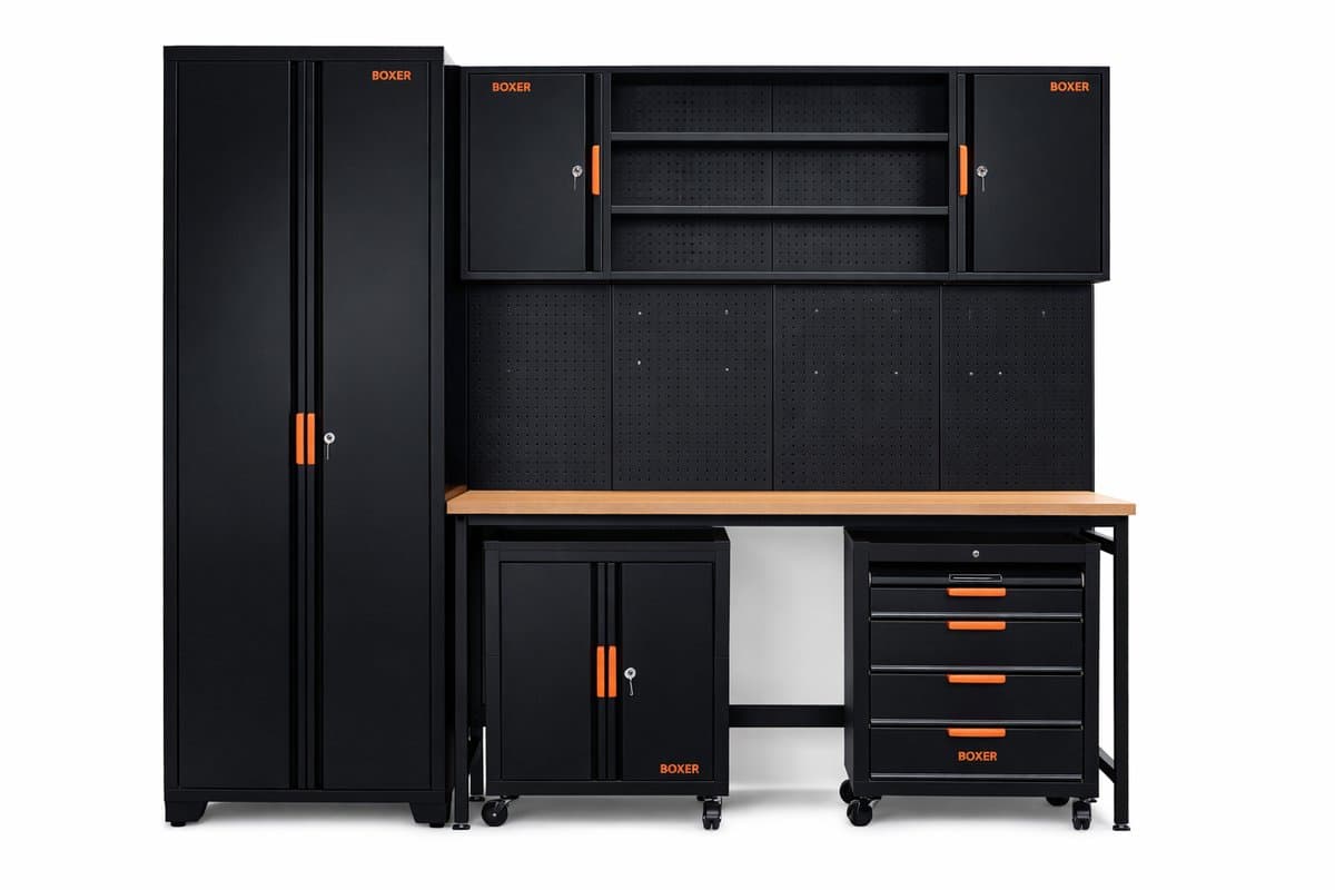 Boxer® Workshop Meubelset – Staal en Hout – Inclusief Werkbank en Opslag – Verstelbare Voeten – Ideaal voor Garage of Werkplaats