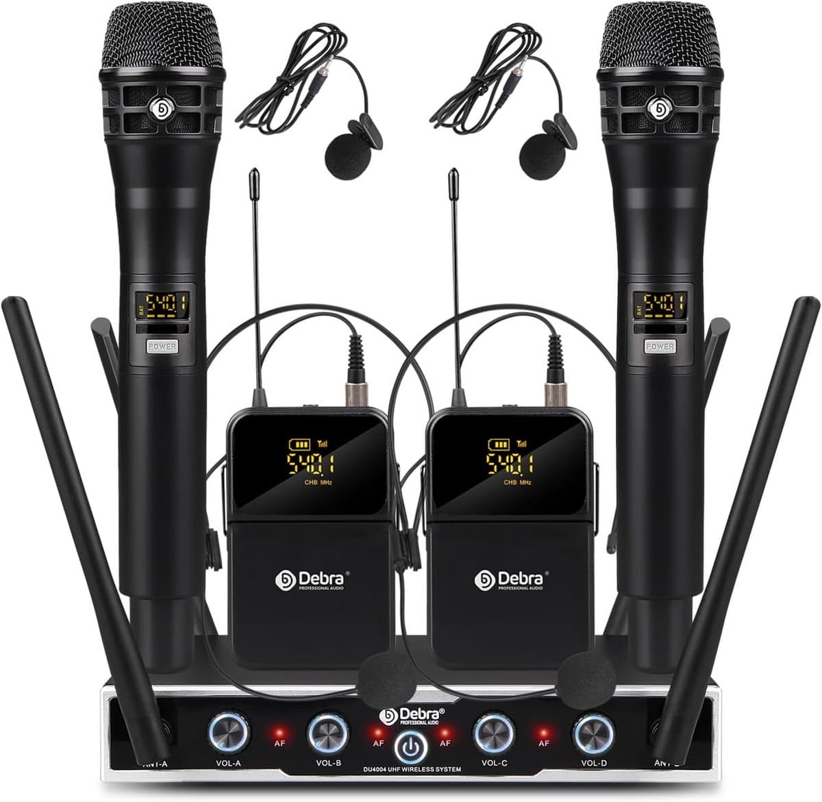 UHF Draadloos Microfoonsysteem met 4 Kanalen: Headset, Lavalier en Handmicrofoon