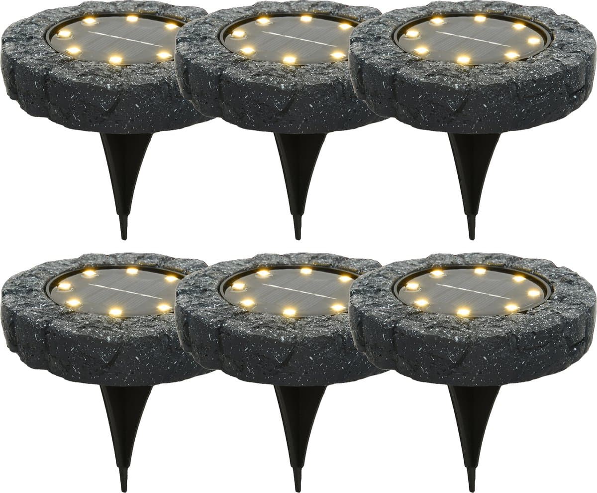 Lumineo Solar grond prikspot/tuinspot - 8x - LED - kunststeen - steengrijs - warm wit - 11 x 2 cm