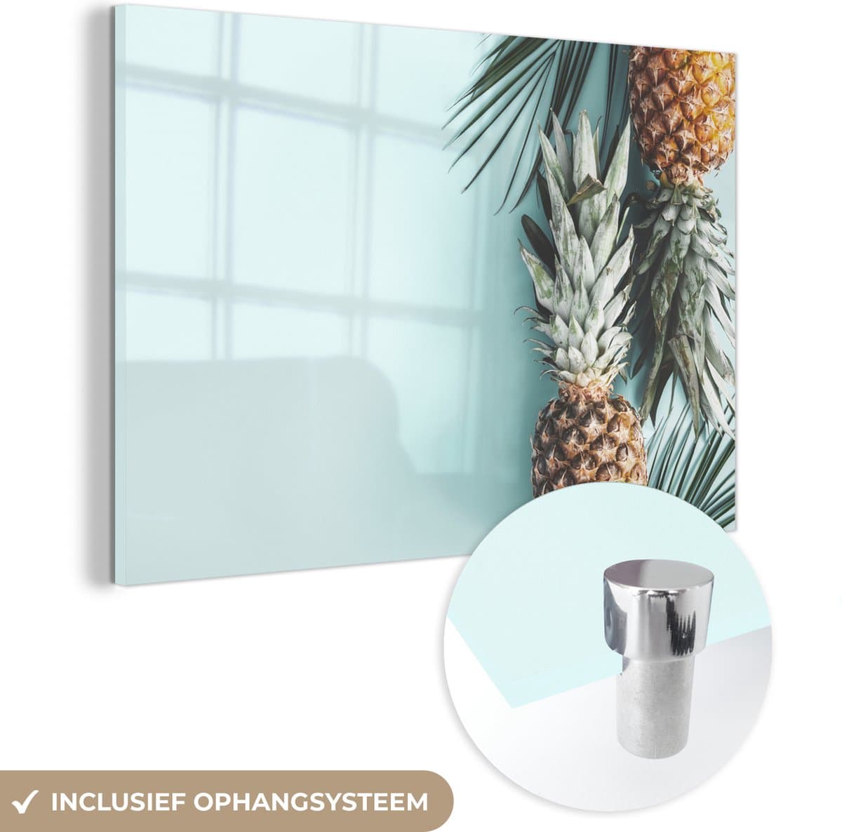® Glasschilderij 150x100 cm - Schilderij acrylglas - Ananas - Blauw - Zomer - Foto op glas - Muurdecoratie woonkamer - Wanddecoratie slaapkamer - Schilderijen