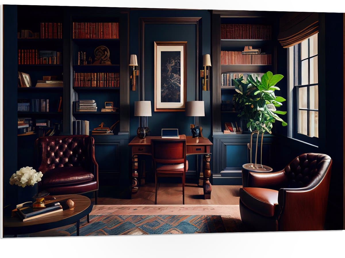 PVC Schuimplaat - Kamer - Bruin - Stoelen - Plant - Boeken - Kantoortje - 105x70 cm Foto op PVC Schuimplaat (Met Ophangsysteem)