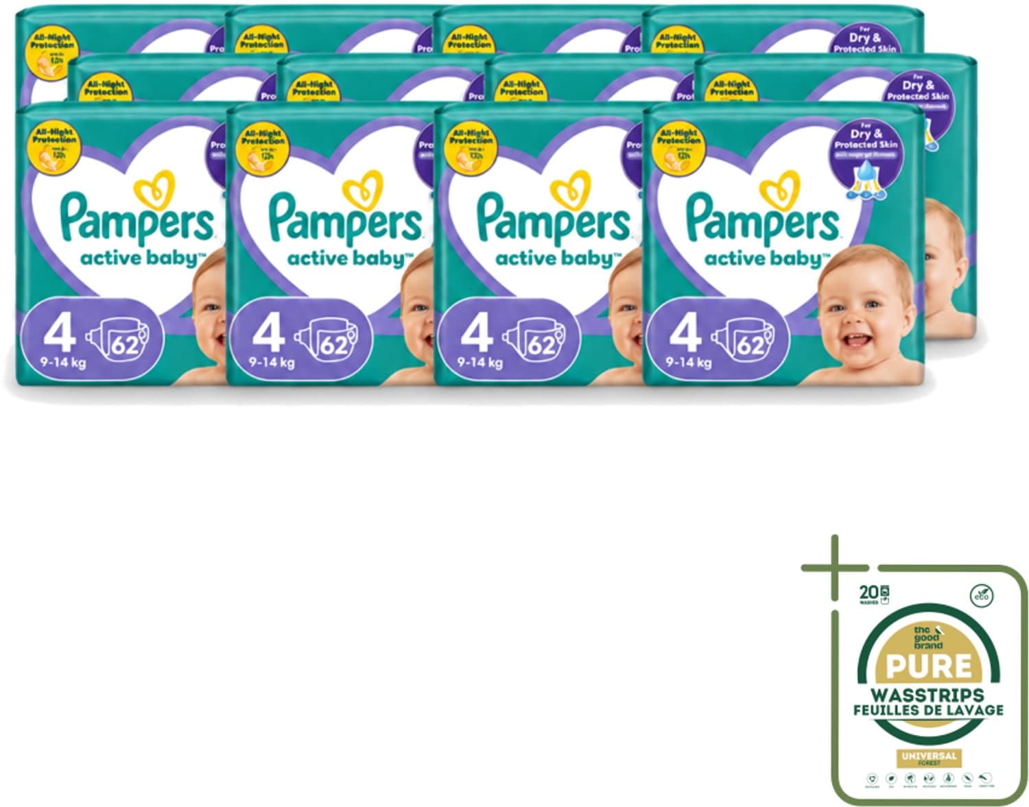 12 x Pampers – Luiers – Active Baby Maat 4 (9-14 kg) – 62 Luiers - Wasstrips - Luiers Voor Baby - Droge Luiers - Actieve Baby - Superabsorberende Luiers - Anti-lek Luier
