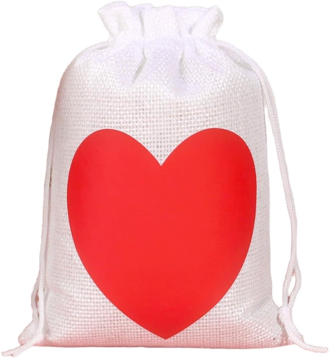10 stuks jute geschenkzakjes, kleine stoffen zakjes, liefdeszakjes, jute zakjes met trekkoord, adventskalender, linnen zakjes voor het opbergen van sieraden, cadeau, specerijen, wit + rood B, 13 x 18