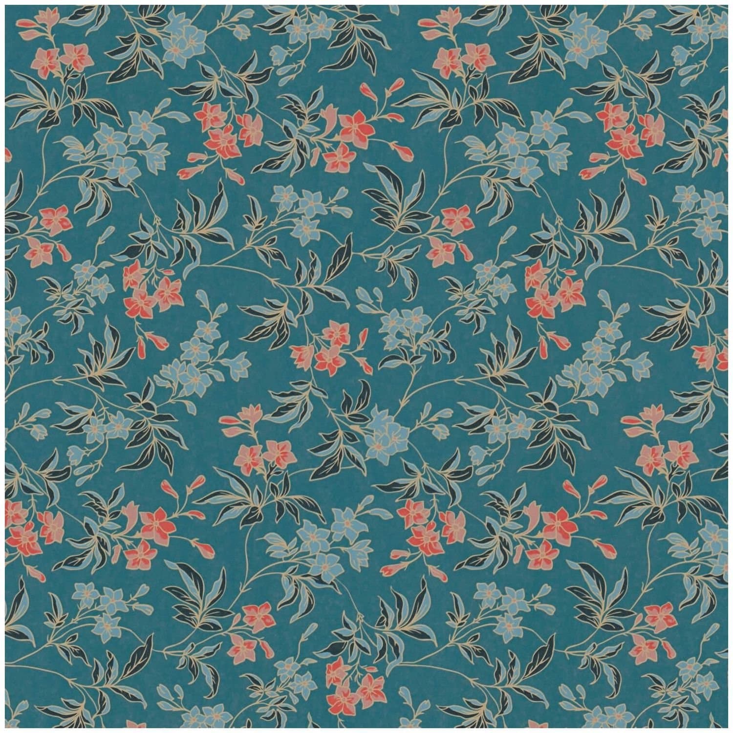 Bloemen behang Profhome 390634-GU vliesbehang glad met bloemmotief mat blauw petrol oranjegeel zwart 5,33 m2