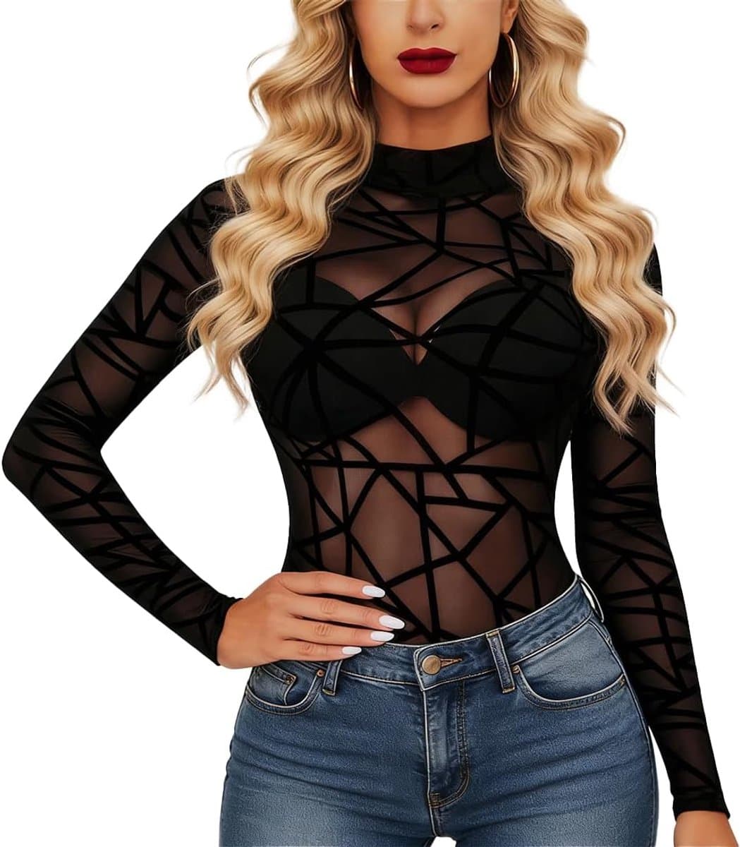 Sexy body van transparante mesh met lange mouwen, transparante top voor dames, sexy blouse, transparante mesh, elastische tops, sexy mesh-top voor dames, carnaval, Halloween, clubparty