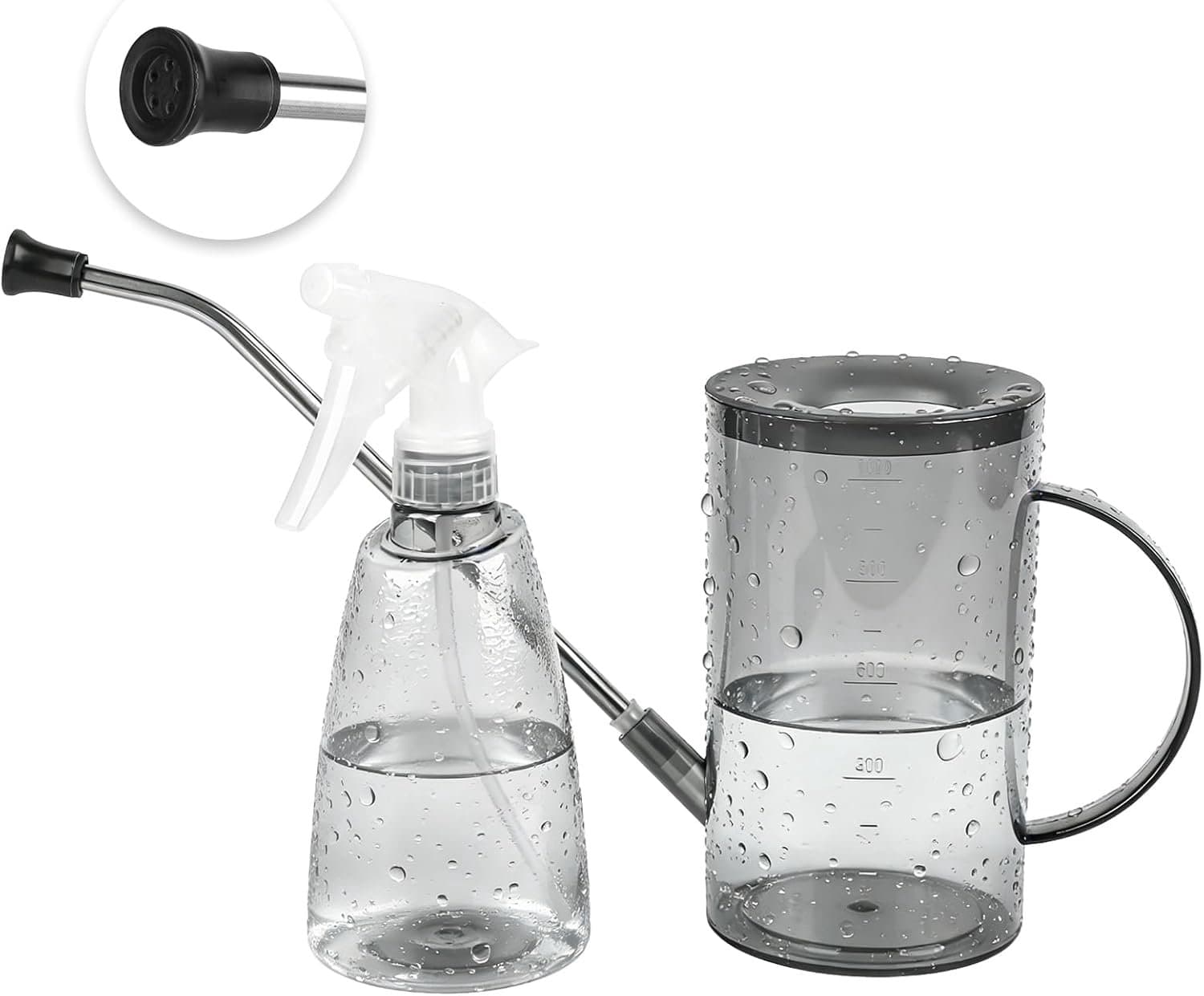 SnelShoppen - 1 Liter Transparante Gieter met Lange Tuit en 500 ml Spuitfles - Ideaal voor Plantenverzorging, Tuin en Binnen, Hoogwaardig ABS, Spacegr