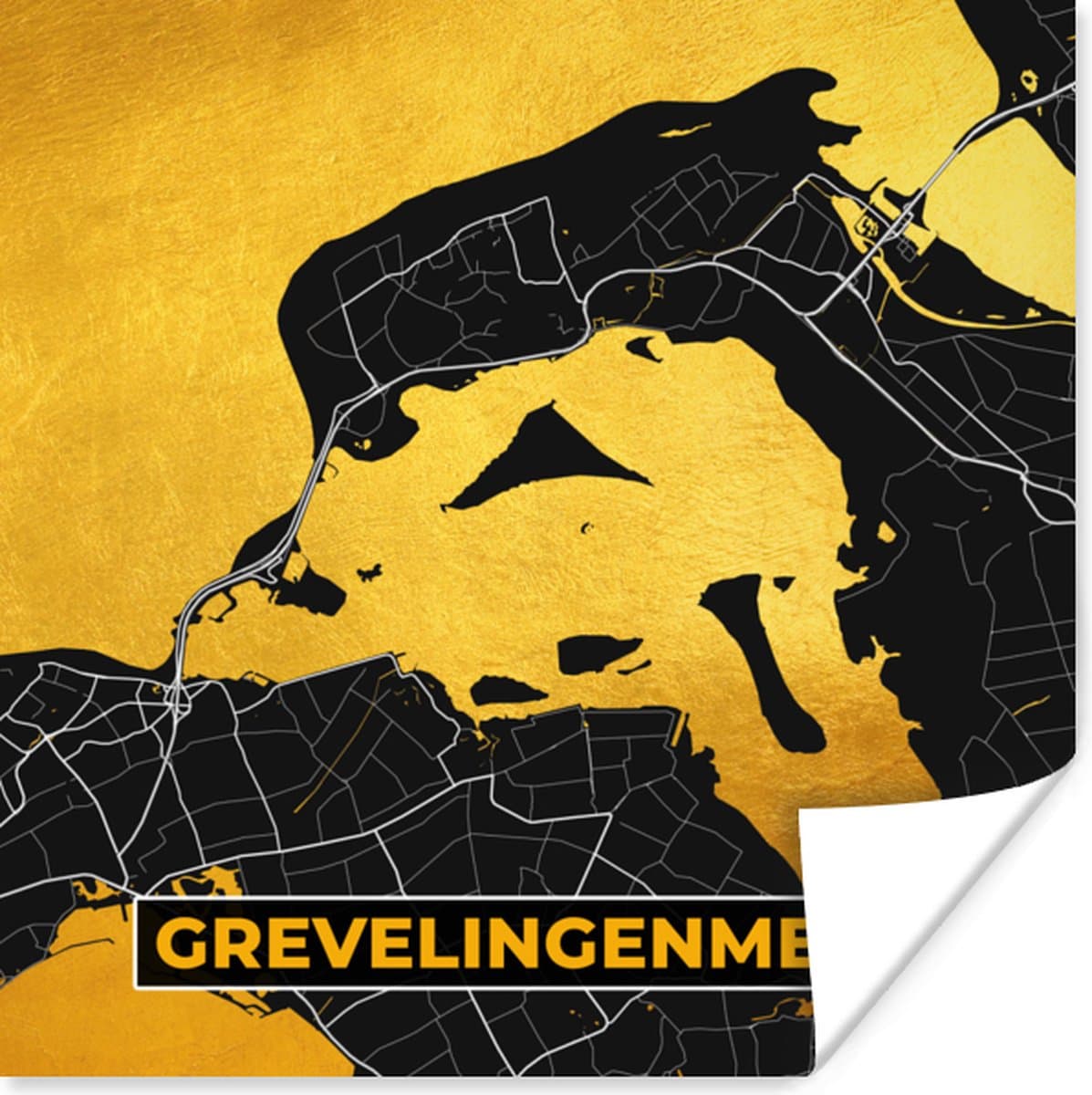 Poster 50x50 cm - Zeeland - Kaart - Plattegrond - Stadskaart - Goud - Grevelingenmeer - Posters - Kamer decoratie - Wanddecoratie woonkamer - Muurdecoratie slaapkamer