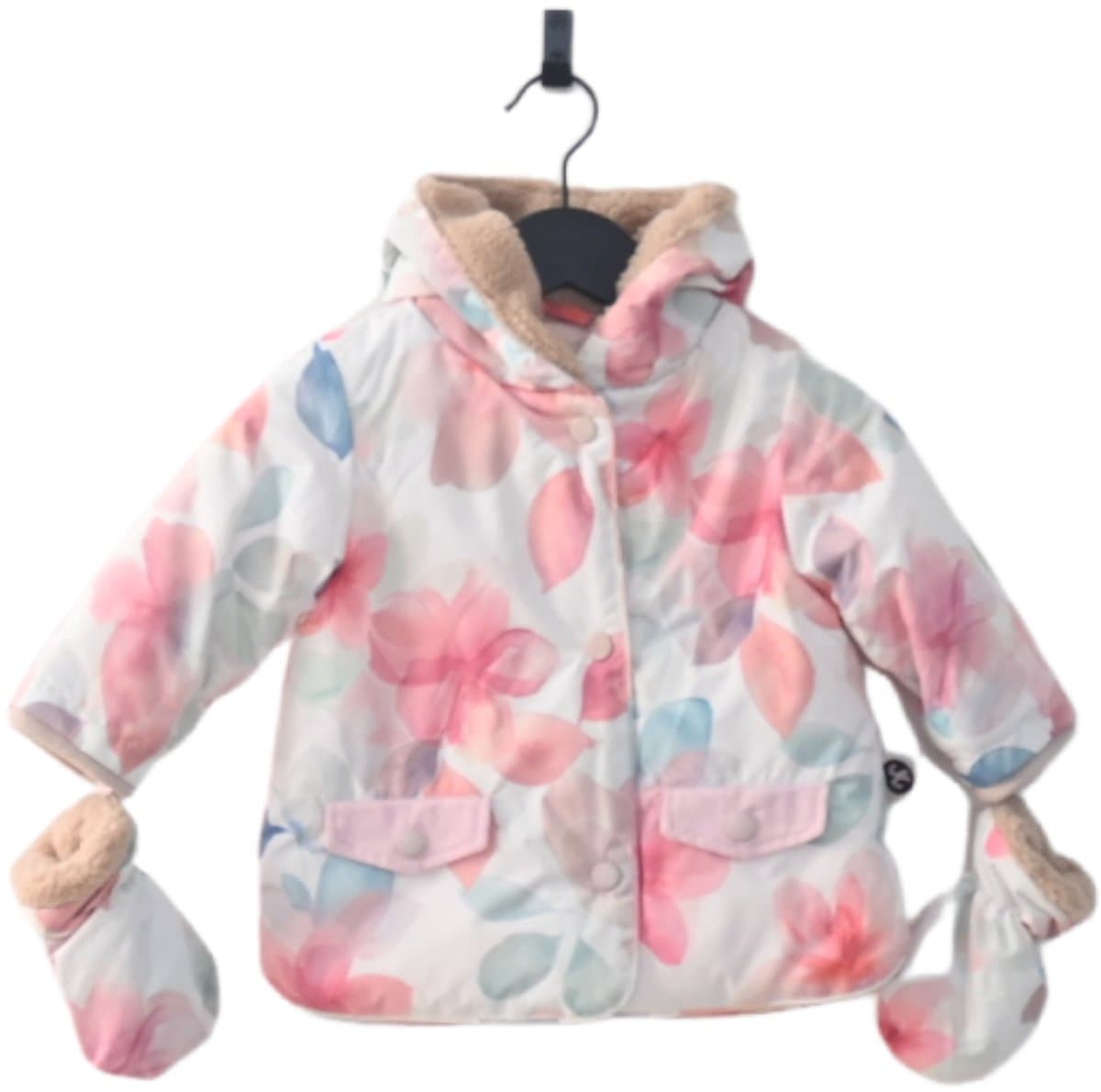 Ducksday - winterjas voor baby - waterdicht - lightgewicht - fleece - afneembare wantjes - peuter - unisex - Gebloemd - Bliss - maat 74 - valt ruim