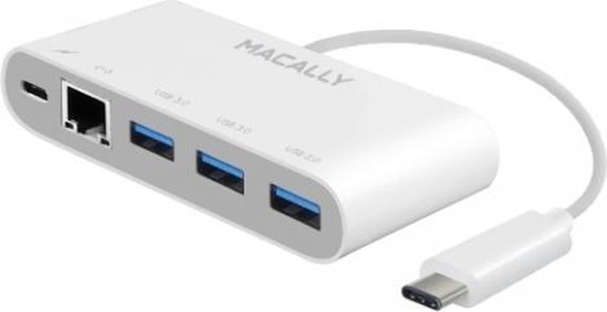 Macally UC3HUB3GBC USB-C hub met 3 USB-A-poorten, 1 Gigabit Ethernet-poort en 1 USB-C-laadpoort
