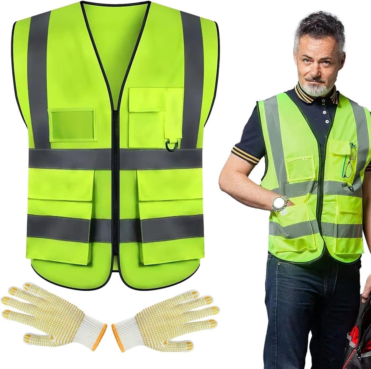 XXXL Mesh Veiligheidsvest met Zakjes en Rits - Hoogzichtbaar Reflecterend Vest voor Volwassenen, Ademend Veiligheidsjack voor Mannen en Vrouwen
