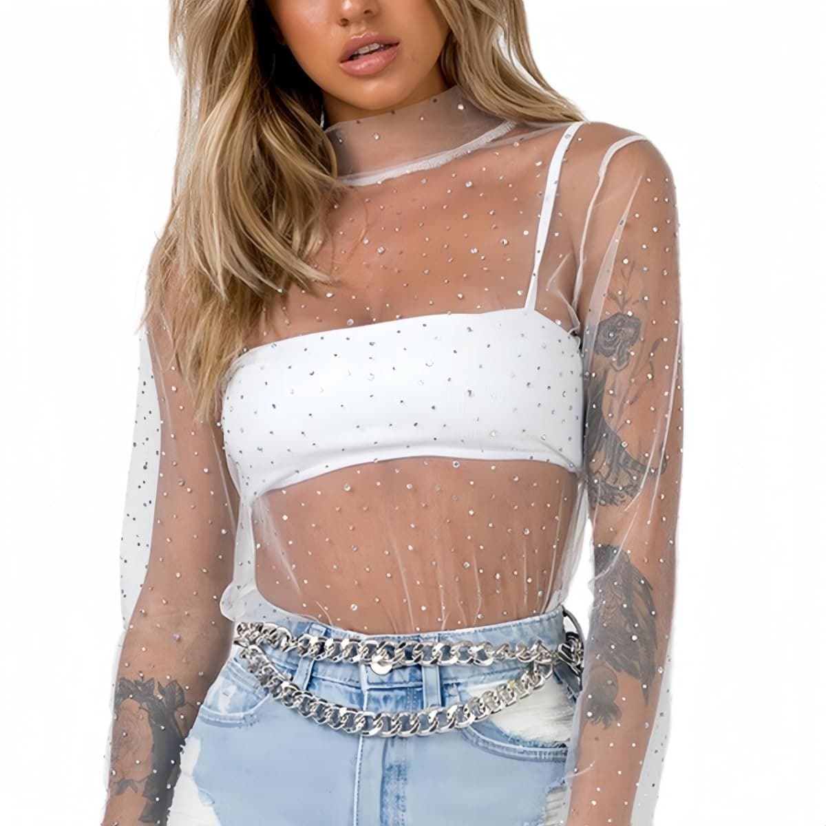 Dailygoods- Overhemd lange mouwen - Transparant mesh - Opstaande kraag - Glitterprint - Dames blouse - Maat M (UK 8-10) - Mesh Top