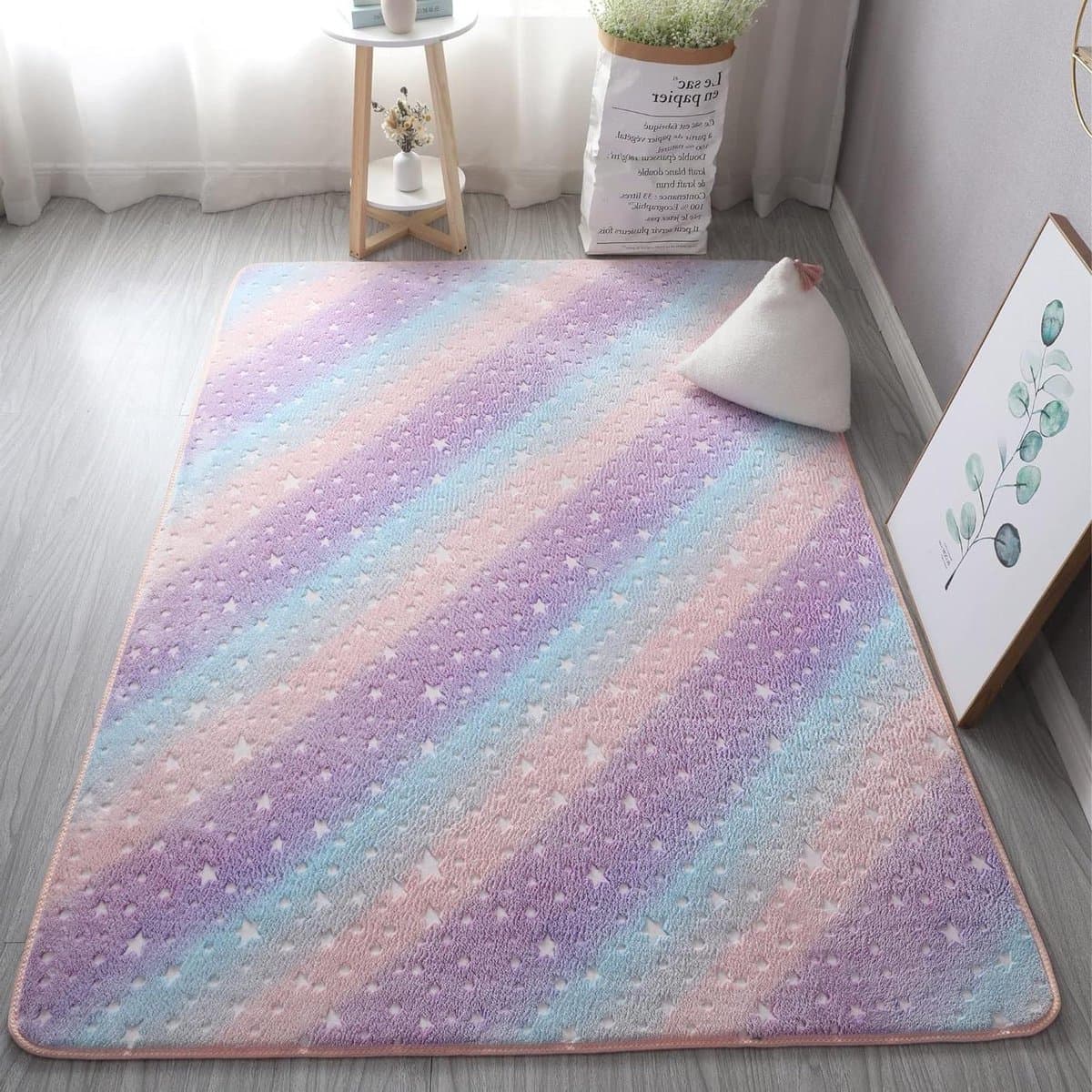 Lichtgevend Vloerkleed - Glow in the dark kleed - Kinderkamer Decoratie - Regenboog Sterren Patroon - 160x100 cm - Multicolor