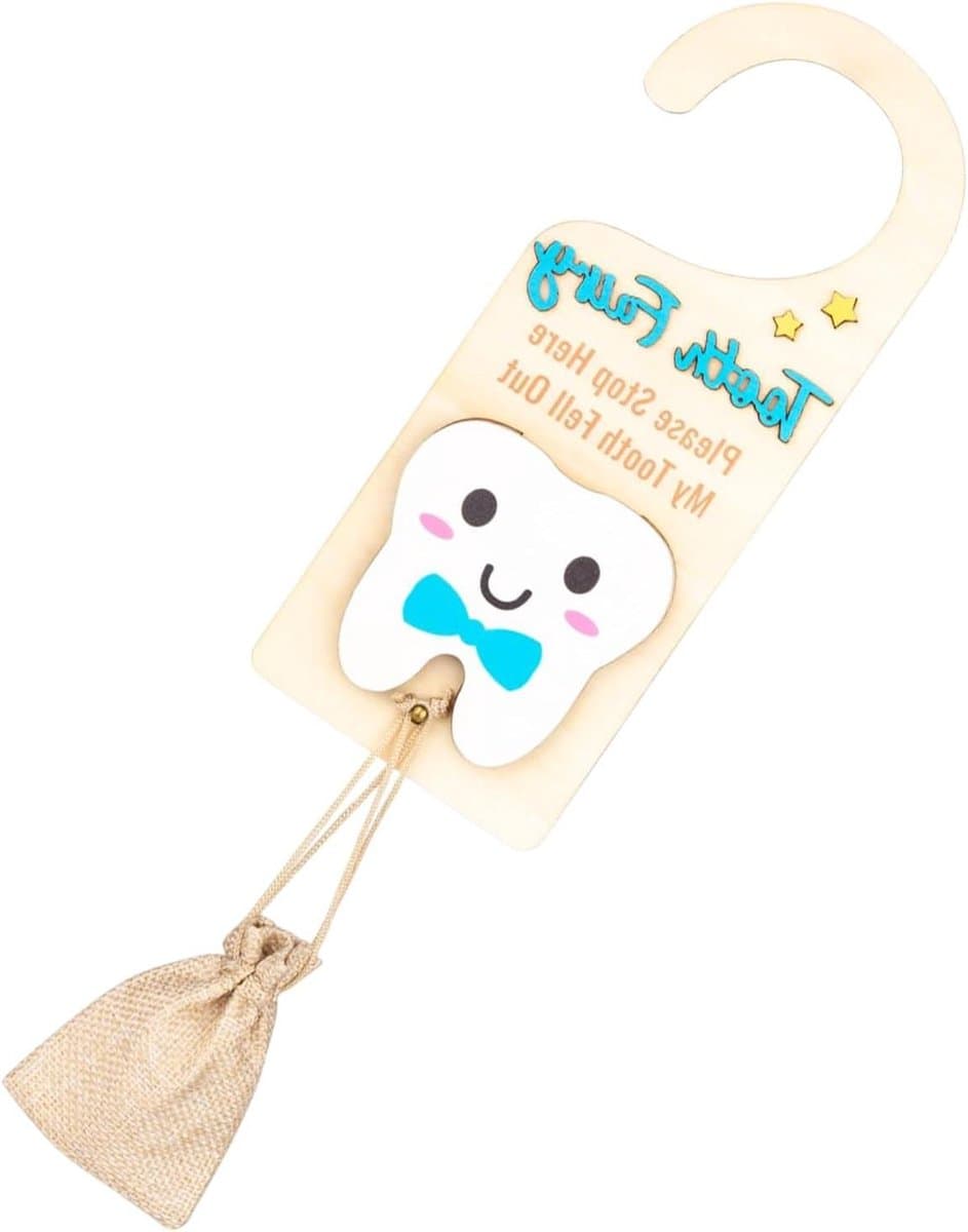Tanddeurhanger Houten Souvenir - Tandenfee Hanger Aandenken - Tandenwissel Viering - Met Geldgleuf en Zakje - 10x25 cm - Blauw