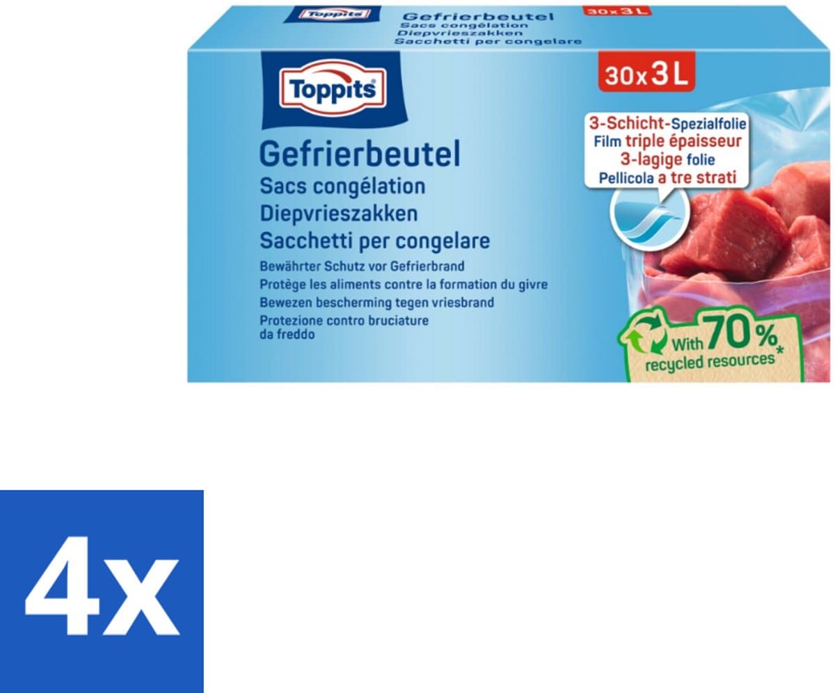 Toppits – Diepvrieszakjes – 3 Liter – 30 Zakjes - Voordeelverpakking - 4 stuks
