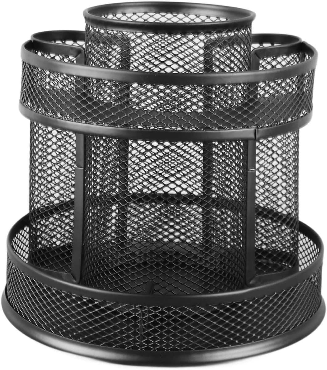 Draaibare Bureau Organizer - Pennenbak Roterend - Bureau Opruimen - 7 Vakken Mesh - 15.5 x 16.5 cm - Zwart