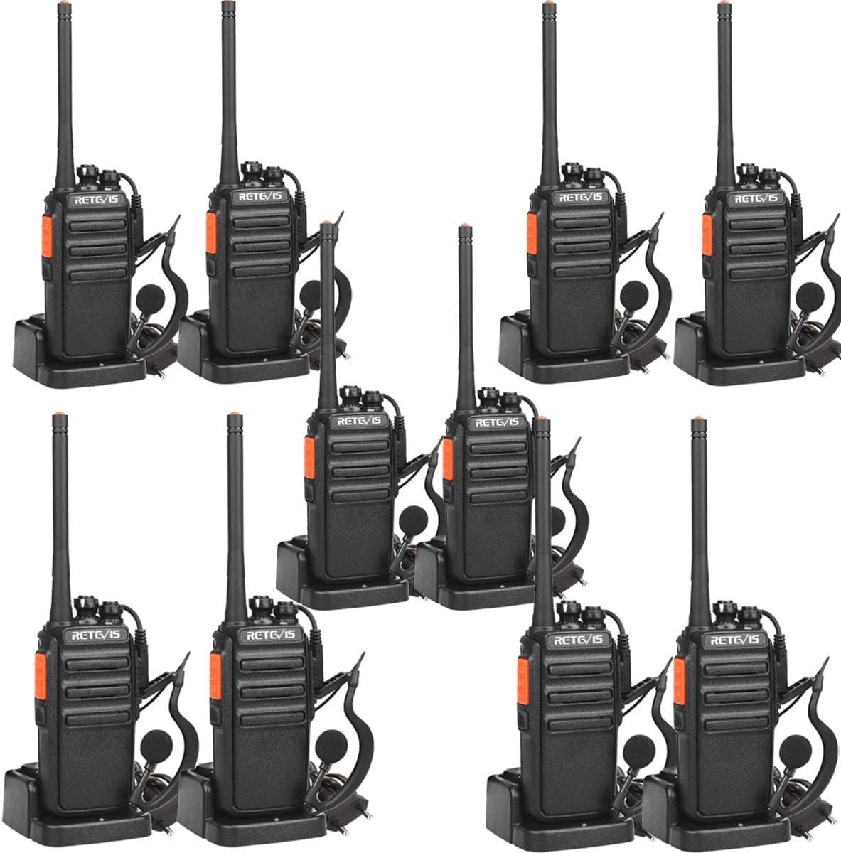 Professionele Portofoons met Headset en Laadstation - 10 Stuks, 16 Kanalen, Vergunningsvrij