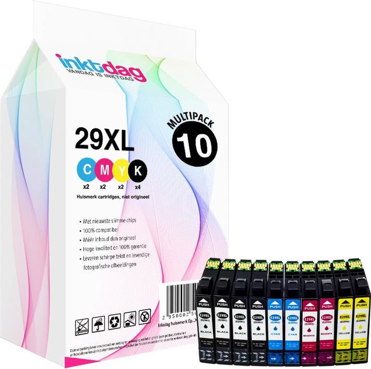 Inktdag inktcartridge voor Epson 29 inktcartidge, Epson 29xl multipack van 10 stuks (4*zwart, 2*CMY) geschikt voor printers Epson Expression Home XP-245 , XP-247 , XP-255 , XP-257, XP-332, XP-335, XP-342, XP-345, XP-352, XP-355