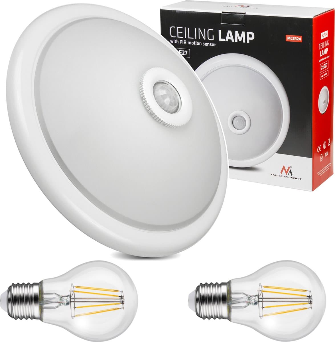 Maclean - Plafondlamp met een PIR bewegings- en schemersensor + 2 E27 8W gloeilampen - 40W, E27, 220-240V~ 50/60Hz
